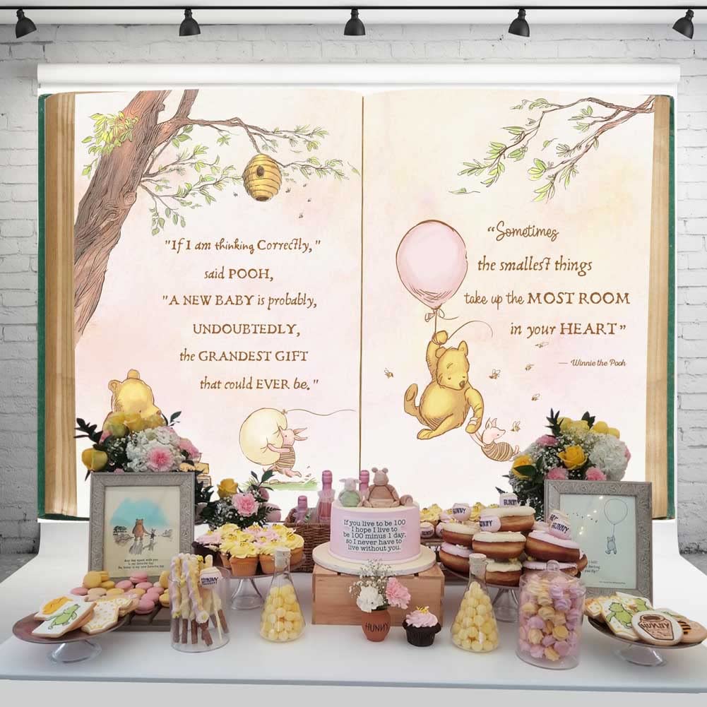 Vintage Pooh Bear Baby Shower Backdrop For Girl Retro Giant Book Spring Tree Classic Background Newborn Quote Pink Yellow Tinge