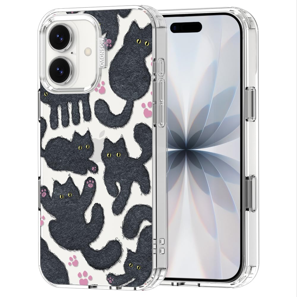 MOSNOVO for iPhone 17 Case | Military Grade 6.6ft Drop Tested | Camera Control | Clear with Black Fluffy Cat Design