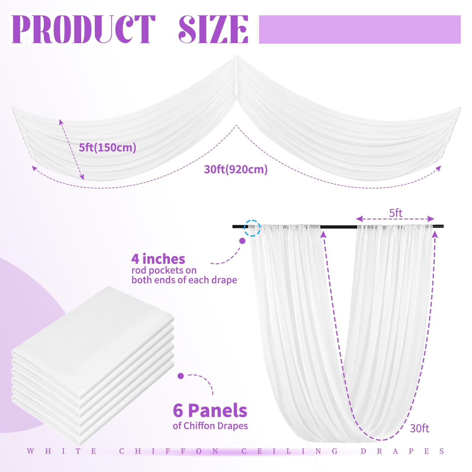 6 Panels White Ceiling Drapes For Wedding Ceiling Drapes 5Ftx30Ft Wedding Arch Draping Fabric Sheer Curtains Voile Chiffon Drape