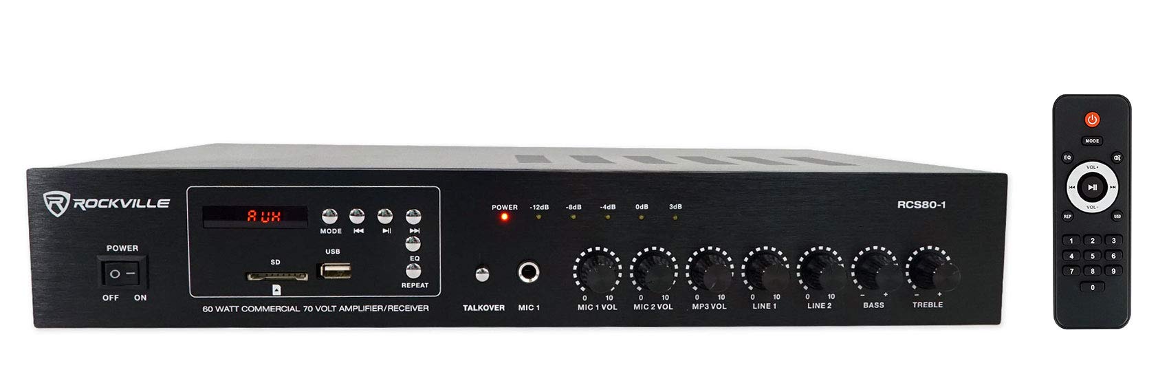 Rockville RCS80-1 60 Watt 70V Commercial Amplifier, Bluetooth, 2 Mic Inputs Perfect for Restaurants, Bars, Caf  s, Schools, Conf