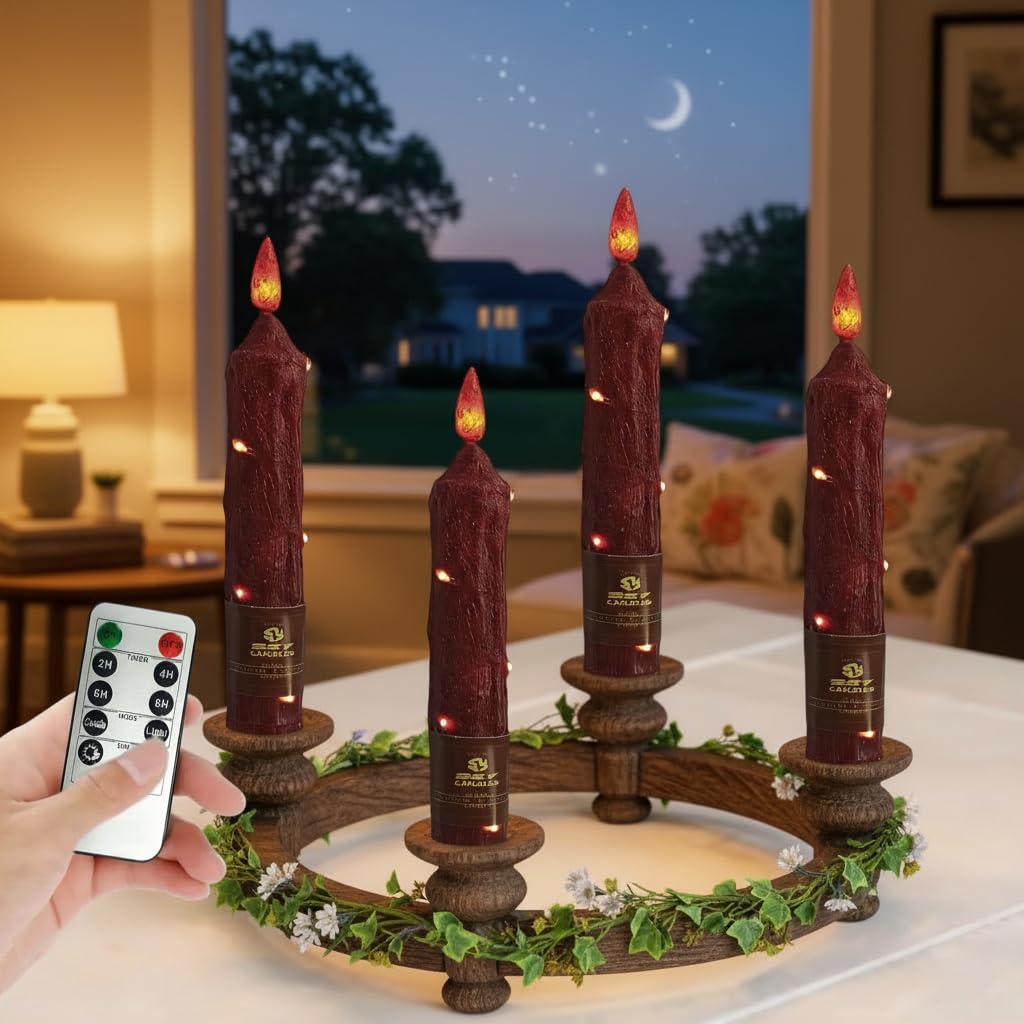 6.5 Inch Red Flameless Taper Candles - 4 Pack Handmade Real Wax LED String Surface Candles with 10 Key Remote Timer Battery Oper