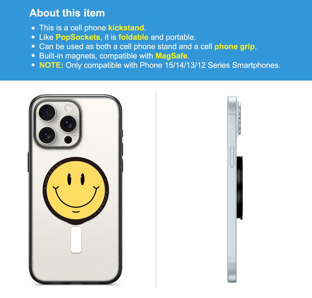 Haobobro Foldable Phone Grip - Magnetic Cell Phone Stand Holder - Compatible With Mag Safe - Removable Kickstand For Iphone 15/1