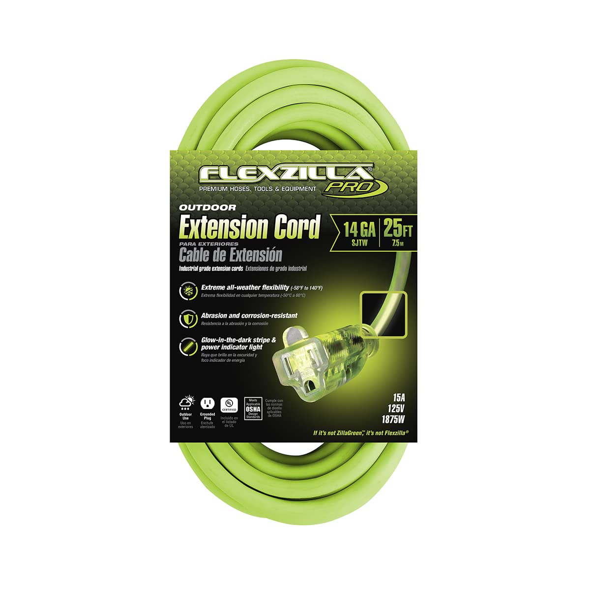 Flexzilla Pro Extension Cord, 14/3 Awg Sjtw, 25 Ft., Lighted Plug, Indoor/Outdoor, Zillagreen   Fz512725