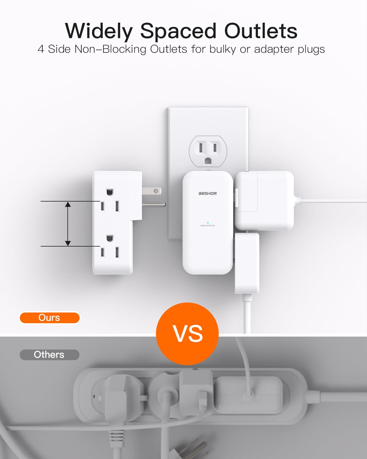 Surge Protector Outlet Extender  With Rotating Plug,6 Ac Multi Plug Wall Outlet,4 Sided Outlet Splitter,900J Plug Extension Outl