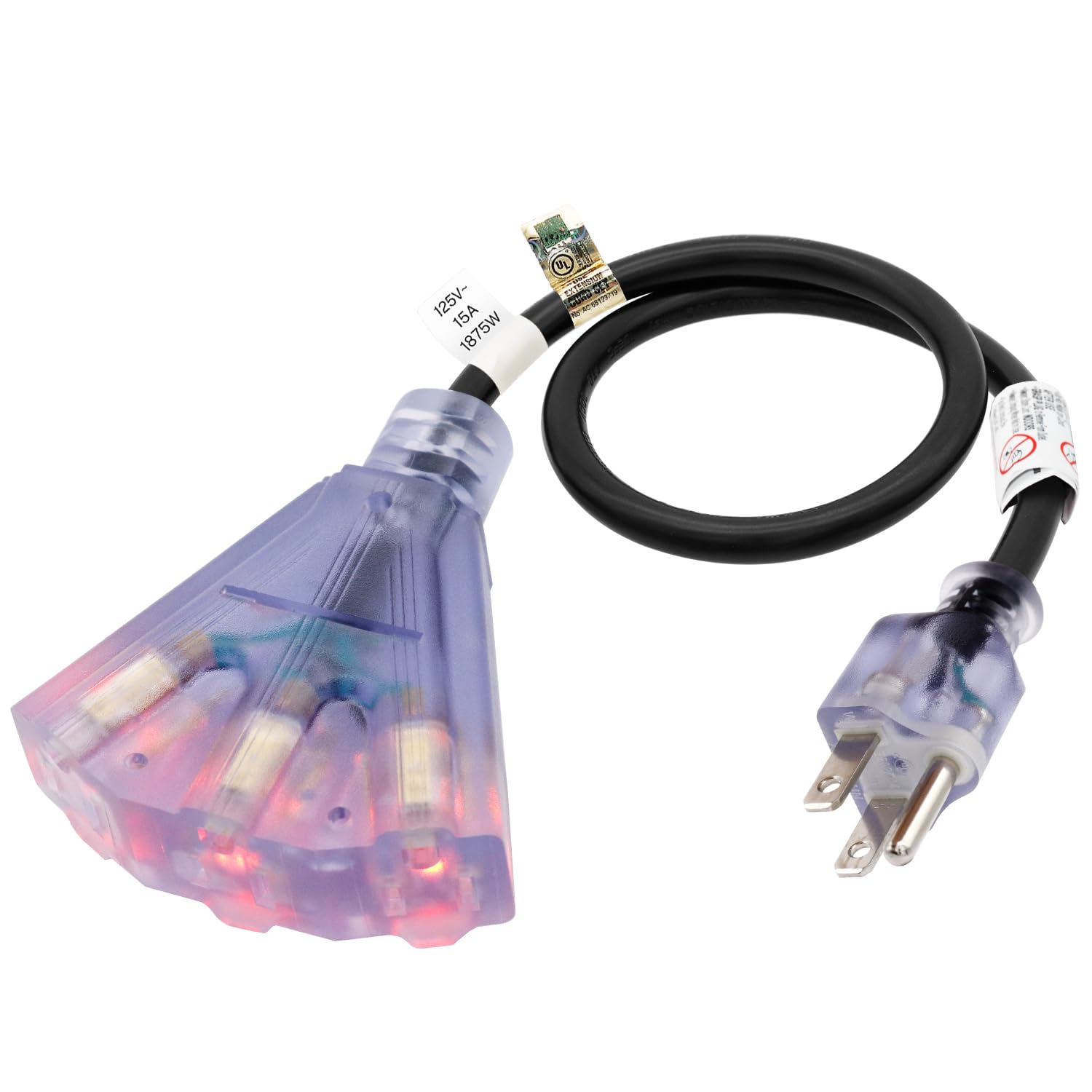 Firmerst 2Ft 3 Outlets Lighted Outdoor Extension Cord 1875W 14Awg Black