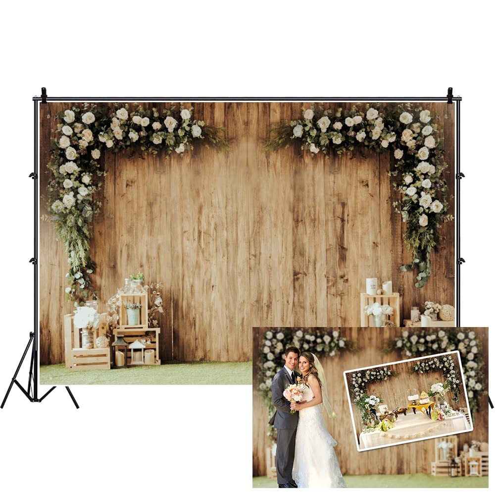 Dashan 8X6Ft Polyester Wedding Backdrop Rustic Floral Flower Wood Wall Backdrop Bridal Shower Reception Ceremony Valentine'S Day