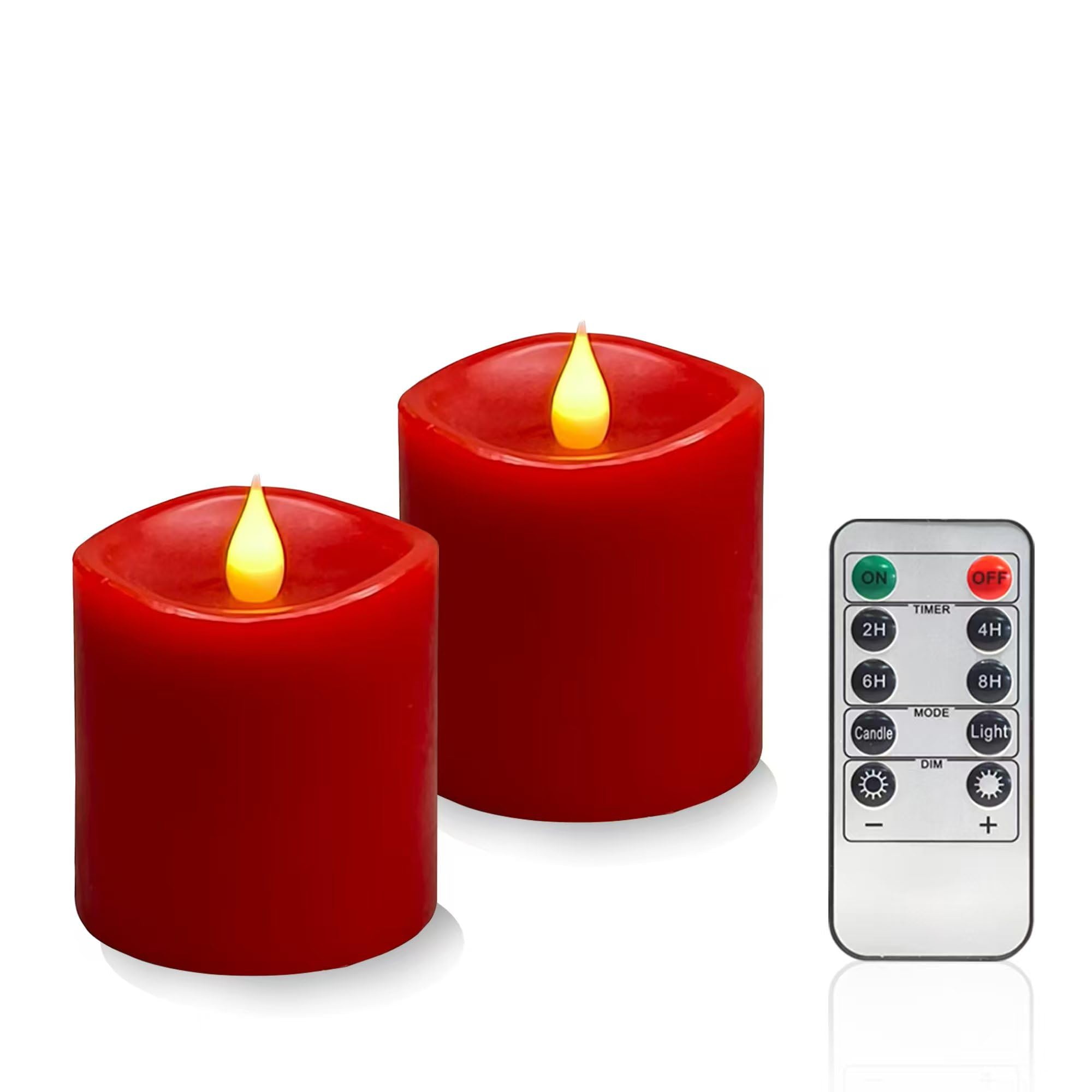 Red Flameless LED Candles 3 inch Diameter Real Wax 2AA Battery Operated 600hr+ Flickering Candles with Timer Remote Control for 