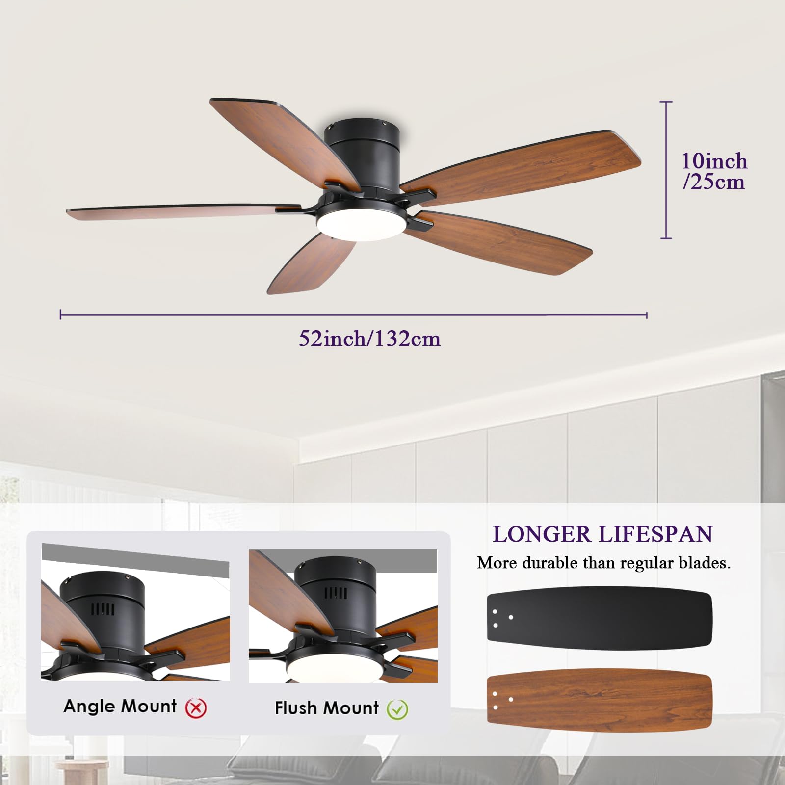 52Inch Ceiling Fans With Lights, Flush Mount Ceiling Fan With Light And Remote/App Control, Reversible Dc Motor, Dimmable Led, N