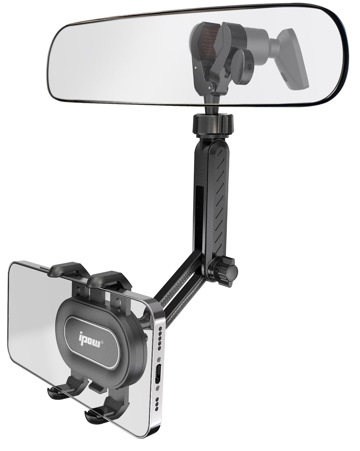 Ipow Rear View Mirror Phone Holder 360Rotatable And Retractable, Hands Free Car Phone Mount With Multi-Angle Adjustment Compatib