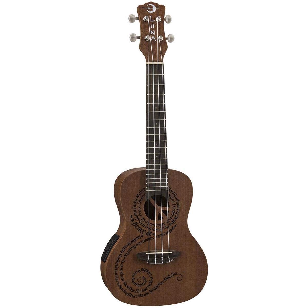 Luna Maluhia Peace Concert Acoustic/Electric Ukulele with Preamp & Gig Bag, Satin Natural