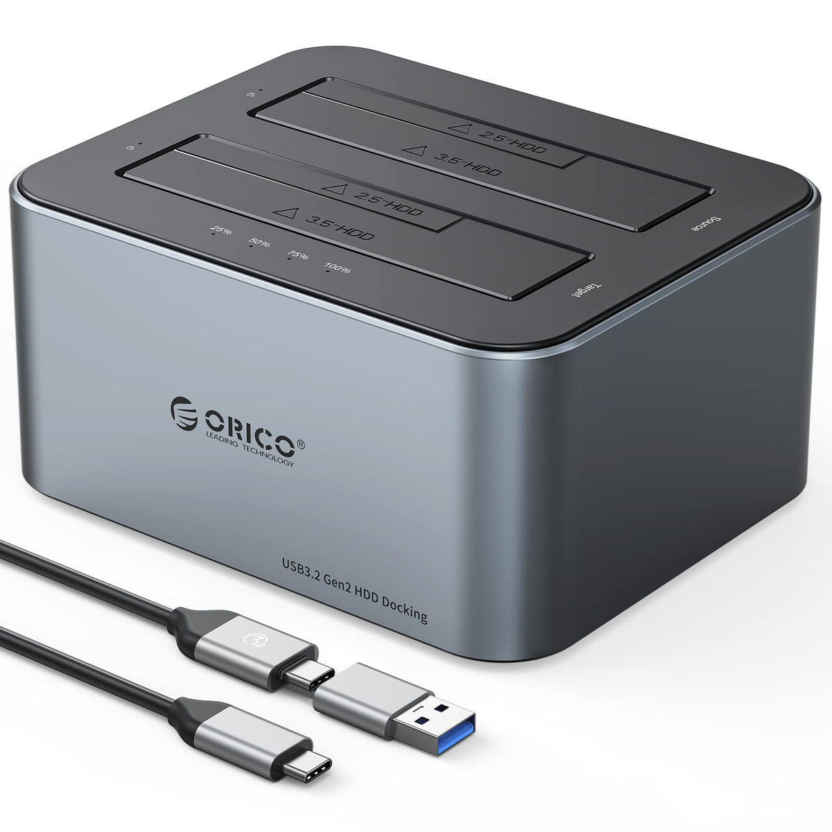 ORICO Hard Drive Docking Station with Offline Clone, Aluminum Alloy Dual Bay USB C to SATA Hard Drive Dock Holder for 2.5 or 3.5 Inch HDD 36TB UASP Support,Gray (6626C3 C)