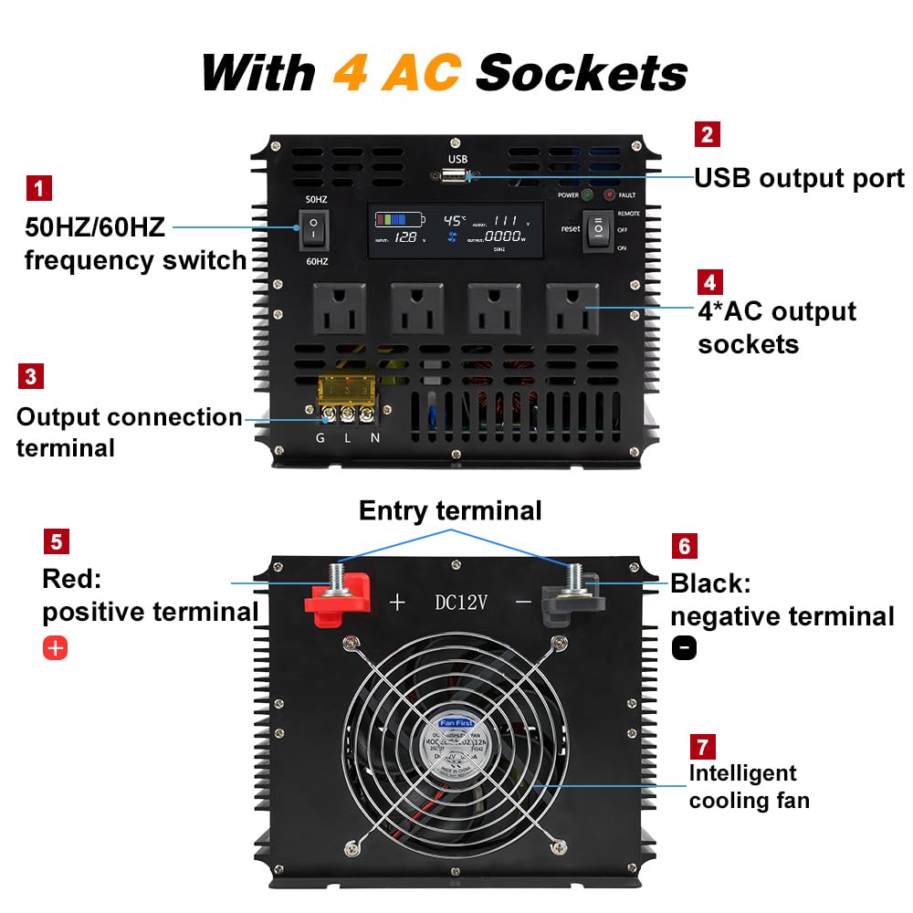Sunivora 3000 Watt Pure Sine Wave Power Inverter With Lcd 12V Dc To 110V/120V Ac Peak Power 6000W Car Power Inverter With 4 Ac O