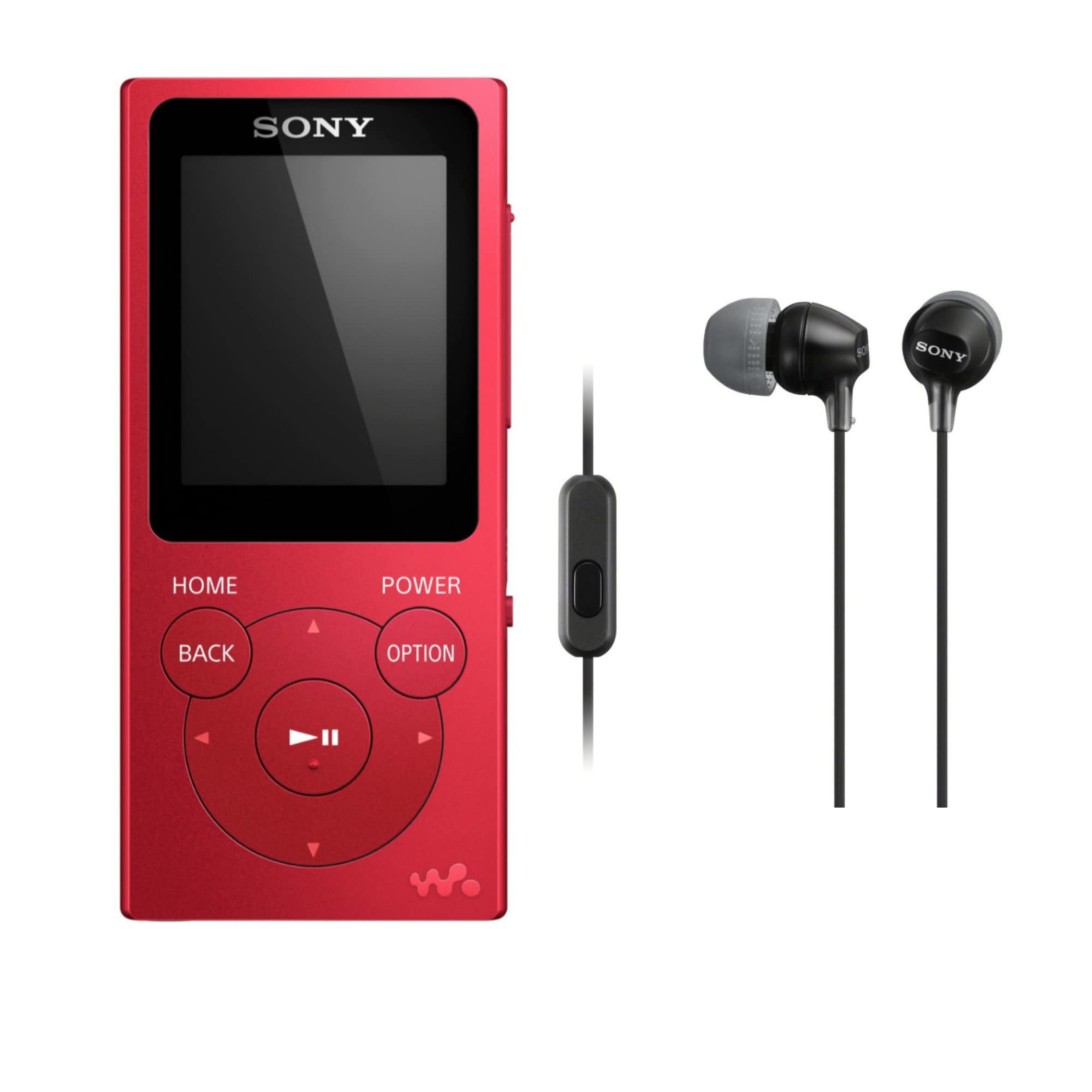 Sony NW E394 8GB Walkman Audio Player (Red) with Sony MDREX15AP Fashion Color EX Series Earbud Headset with Microphone (Black) (2 Items)