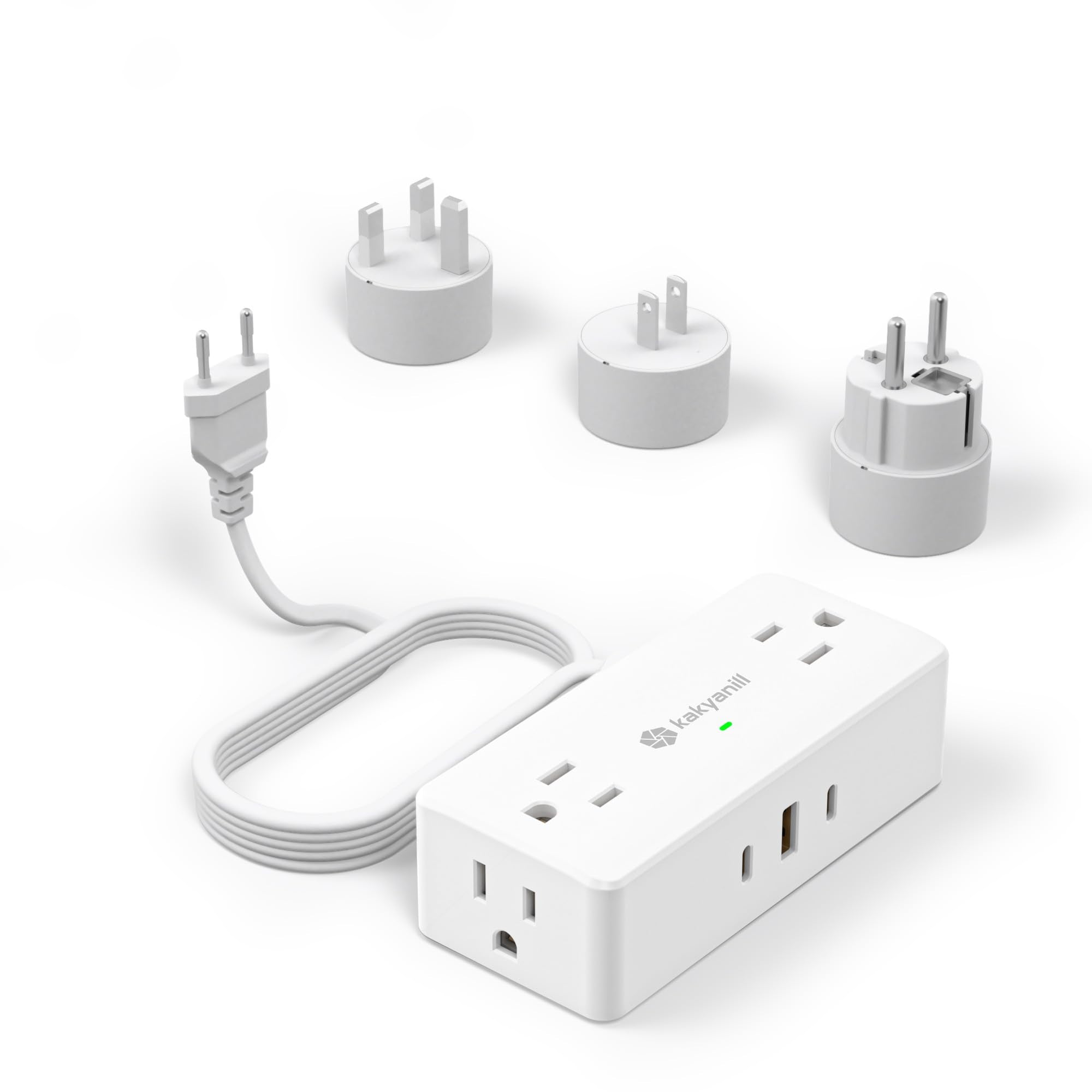 Kakyanill European Travel Plug Adapter, Eu/Uk/Jp Plug Adapter, 4 Ac Outlets, 3 Usb Ports (2 Usb C), 5Ft Flat Extension Cord, Com