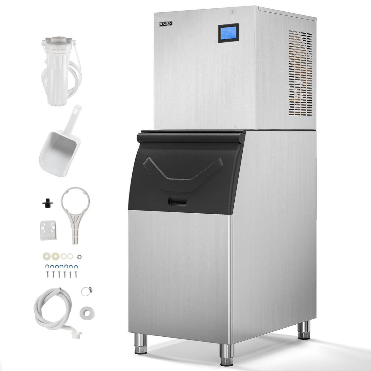Rovsun Commercial Ice Maker, 400Lbs/24H Smart Lcd Panel Commercial Ice Machine With 300Lbs Storage For Restaurant Bar Store Bar 