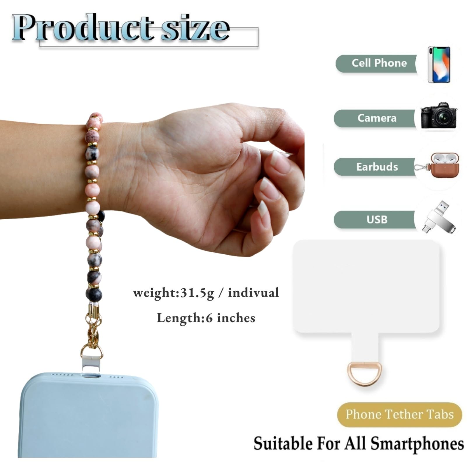 Lostars Marble Beaded Iphone Wrist Strap,Detachable Phone Bracelet Strap With Tether Tab,Hands Free Phone Wristlet Strap (Pink Z