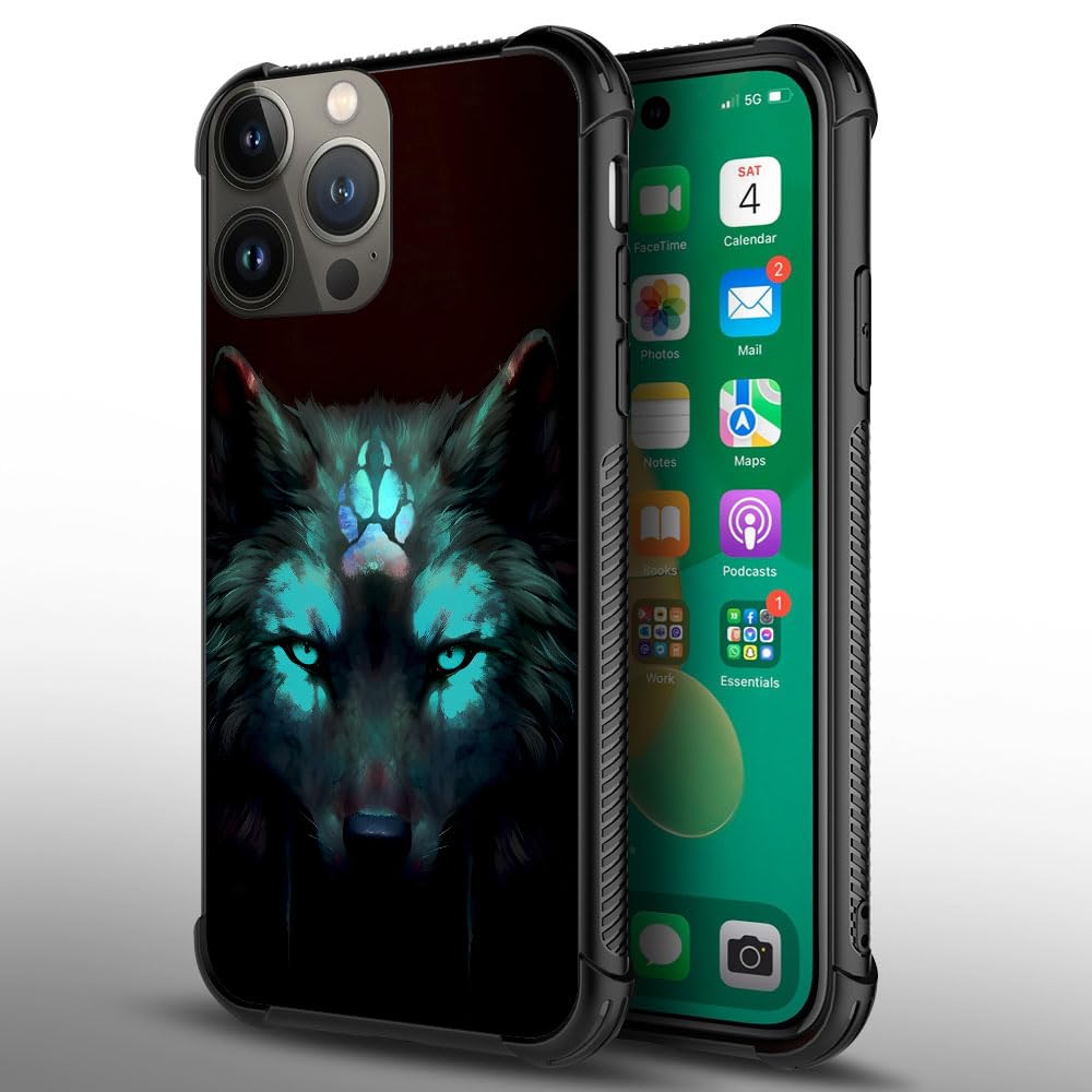 CARLOCA iPhone 13 Hard Acrylic Case Shockproof Anti-Scratch Spiritual Wolf Black Graphic