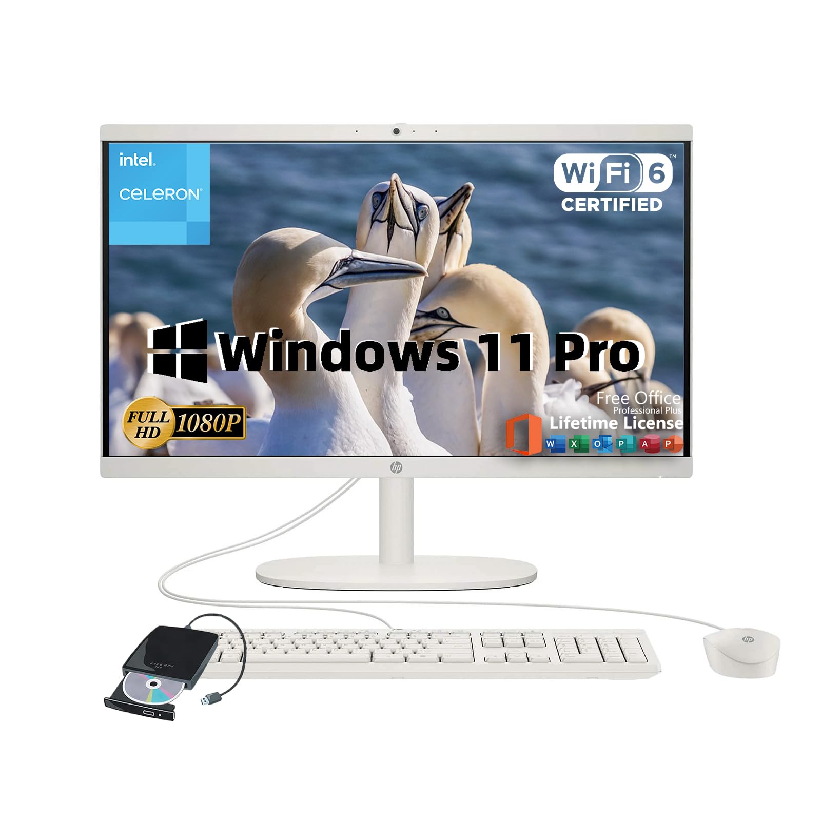Hp All-In-One Desktop - W/Office Lifetime & External Dvd Drive, 21.5'' Fhd Display, Intel Celeron J4025, Intel Uhd Graphics, Tru
