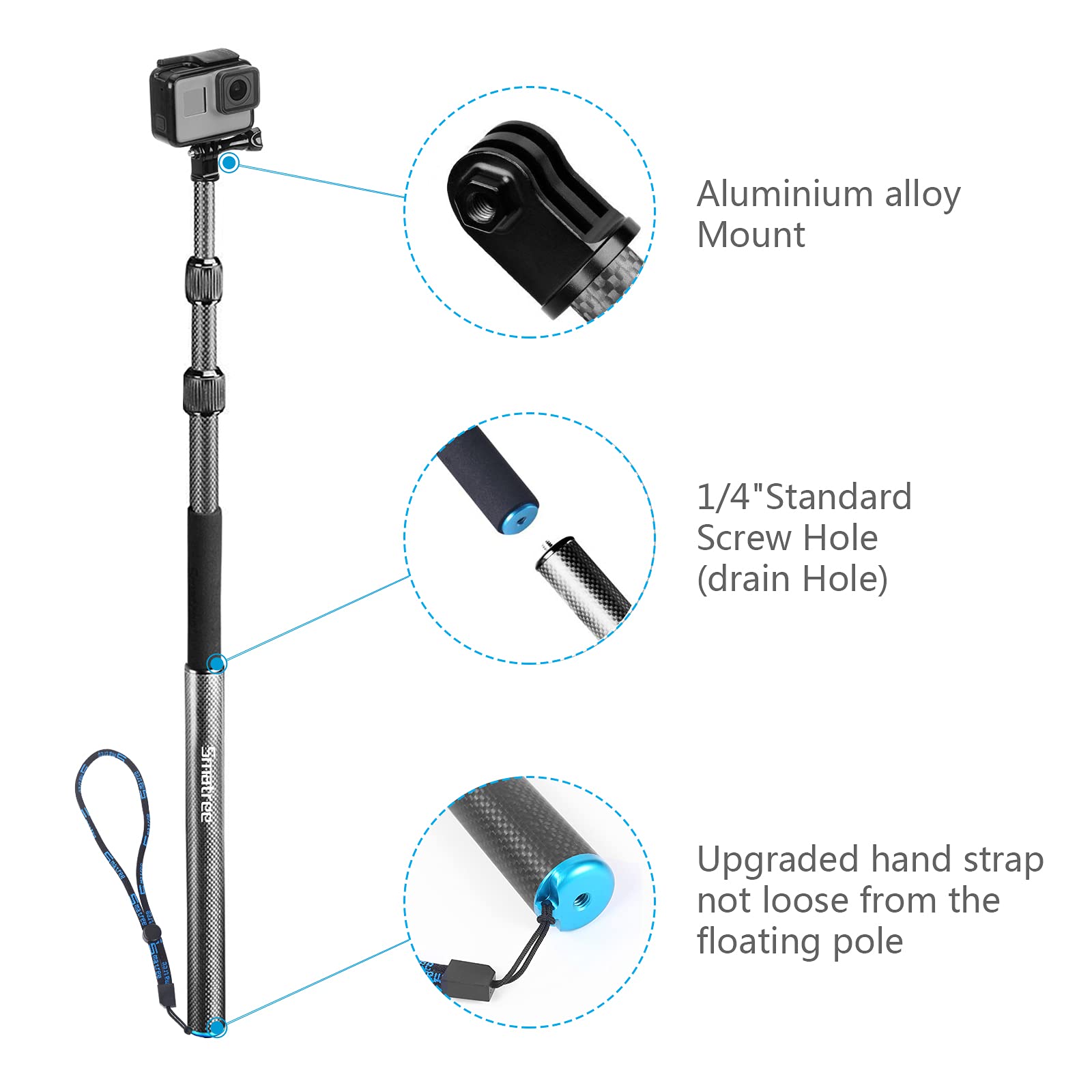 Smatree Carbon Fiber Detachable Extendable Floating Pole Selfie Stick Compatible For G*Pro Max/G*Pro 12/11/10/9/8/7/6/5/4/3 Plus