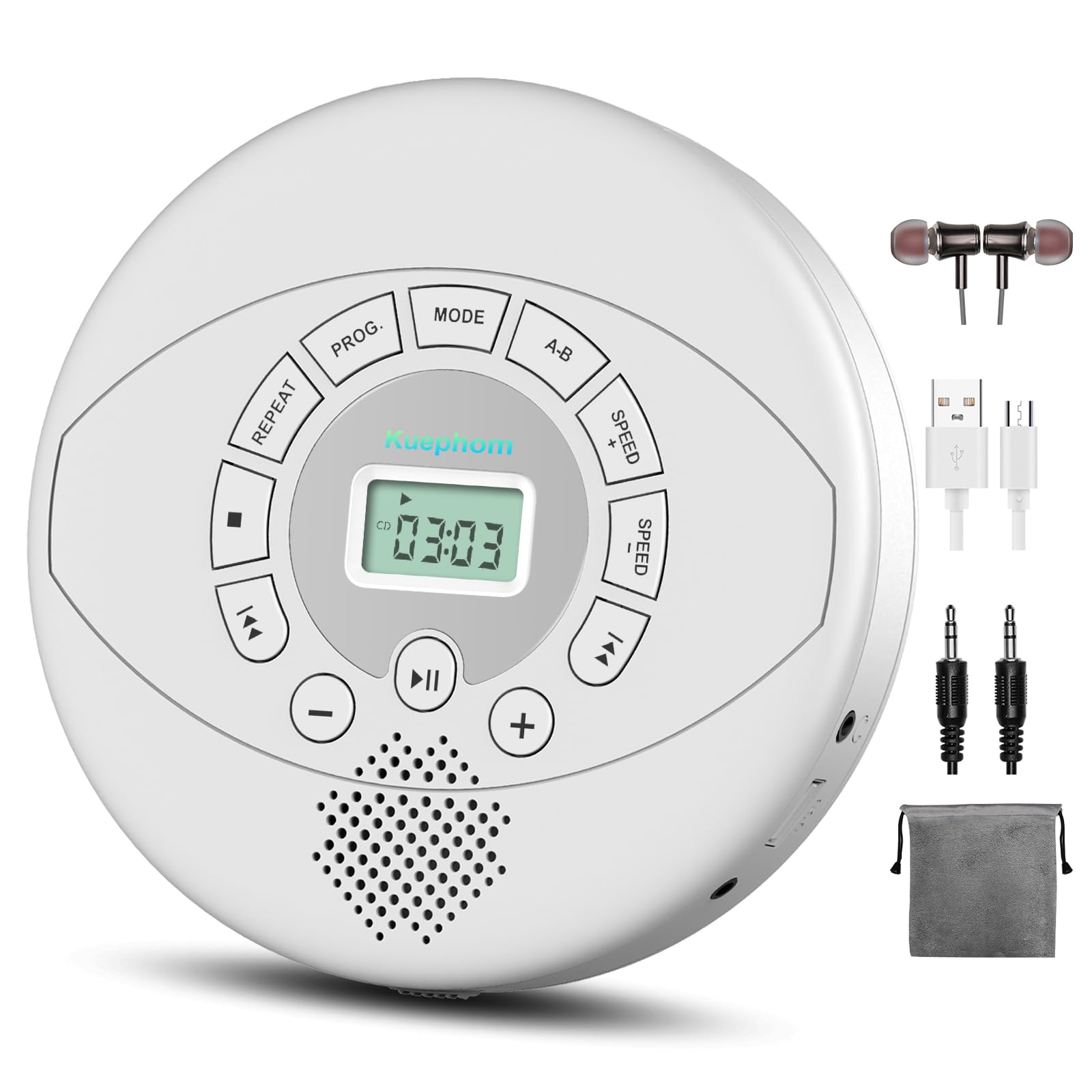 Portable CD Player with Built-in Speaker: KUEPHOM Rechargeable Discman with Headphones - Anti-Skip for Car AUX,USB MP3 playable 