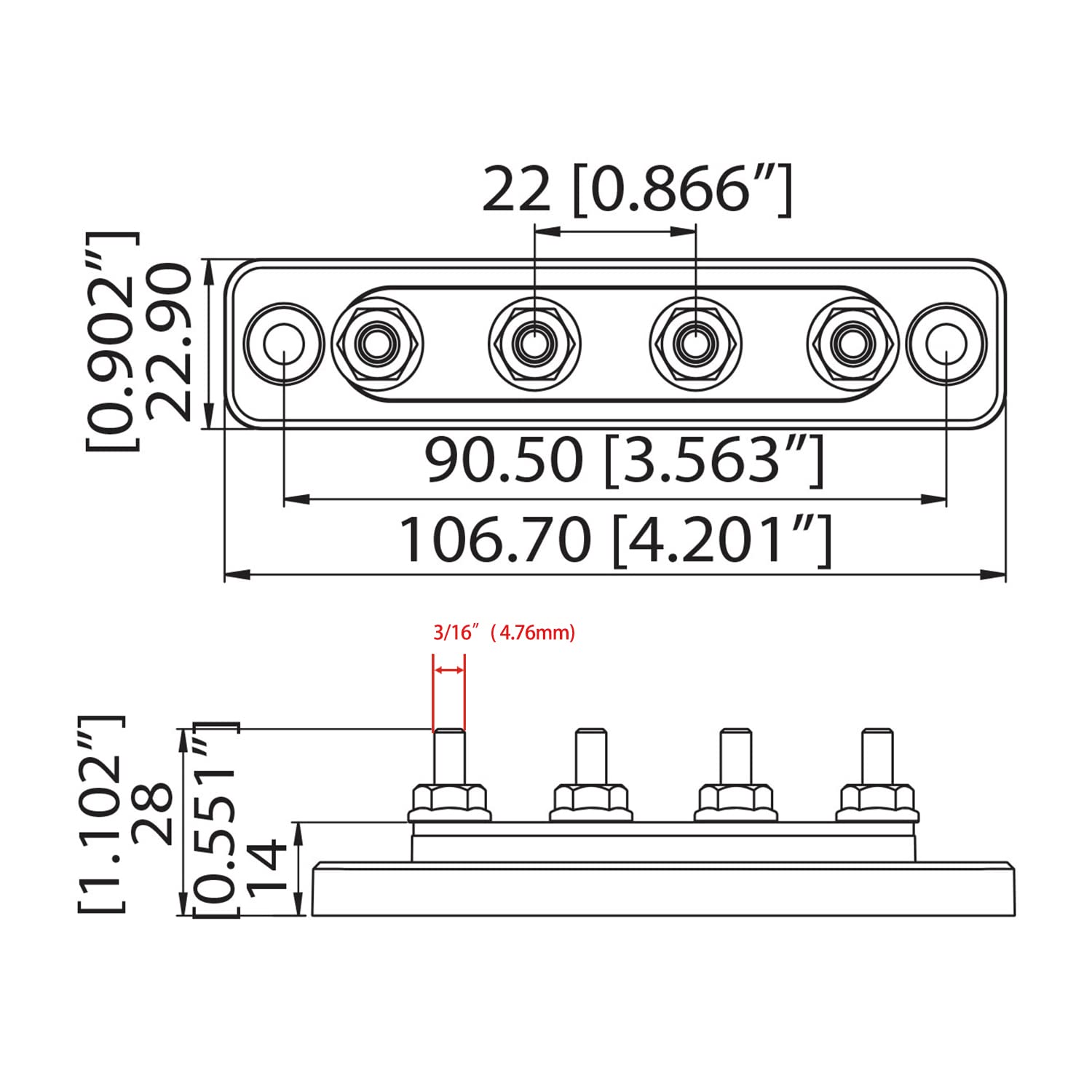 Gloaso 12V  48V Dc Copper Bus Bar 100A Power Distribution Block, 4 X 3/16    Post Terminals Block, Battery Busbars 100 Amp 12 Vo