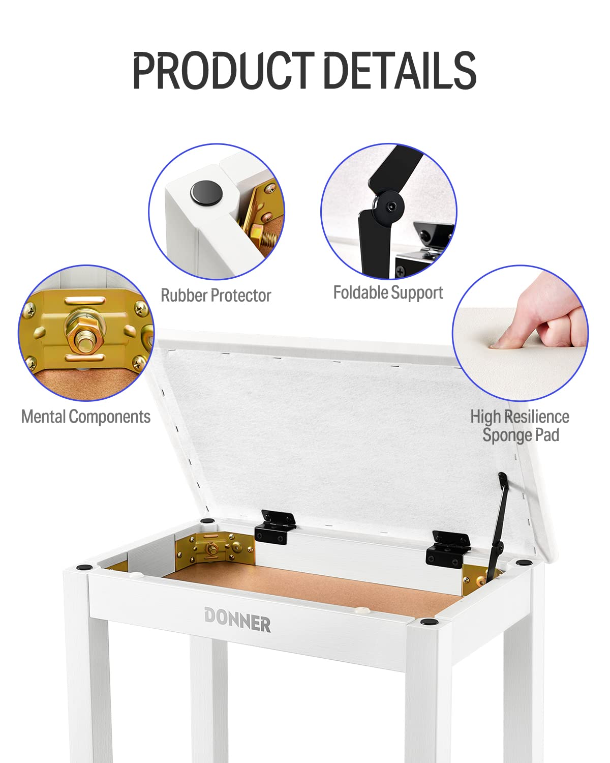 Donner Piano Bench With Storage, Solid Wood Keyboard Bench Piano Bookcase Stool Chair Seat With High Density Suede Cushion, Whit