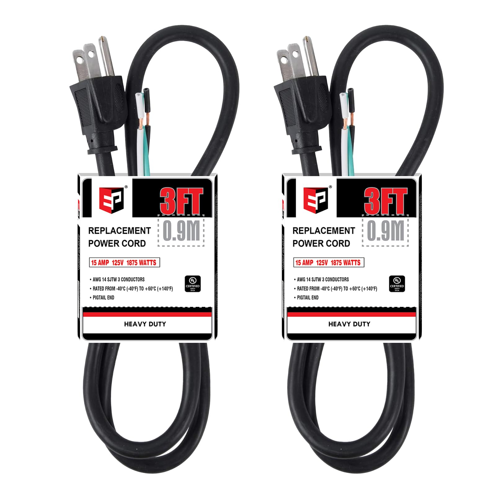 Ep 2 Pack 3 Ft 14/3C Sjtw Appliance And Power Tool Cord, 14 Gauge 3 Prong Heavy Duty Replacement Power Supply Cord Cable, 110V 1
