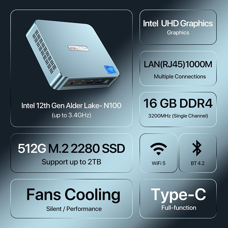 Peladn Mini Pc, Intel N100(Up To 3.4Ghz),16Gb Ddr4/512Gb Ssd,Type C/Dual Hd,Mini Desktop Computer,4K/60Hz Triple Display Usb3.0/