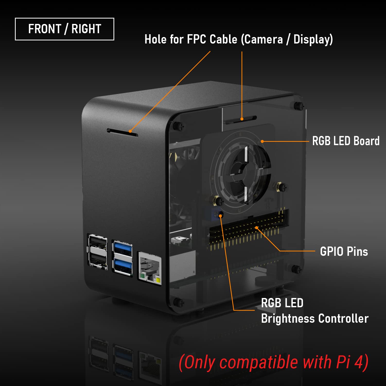 Electrocookie Raspberry Pi 4 Case, Aluminum Mini Tower Case With Cooling Fan And Color Changing Ambient Light (Matte Black & Dar