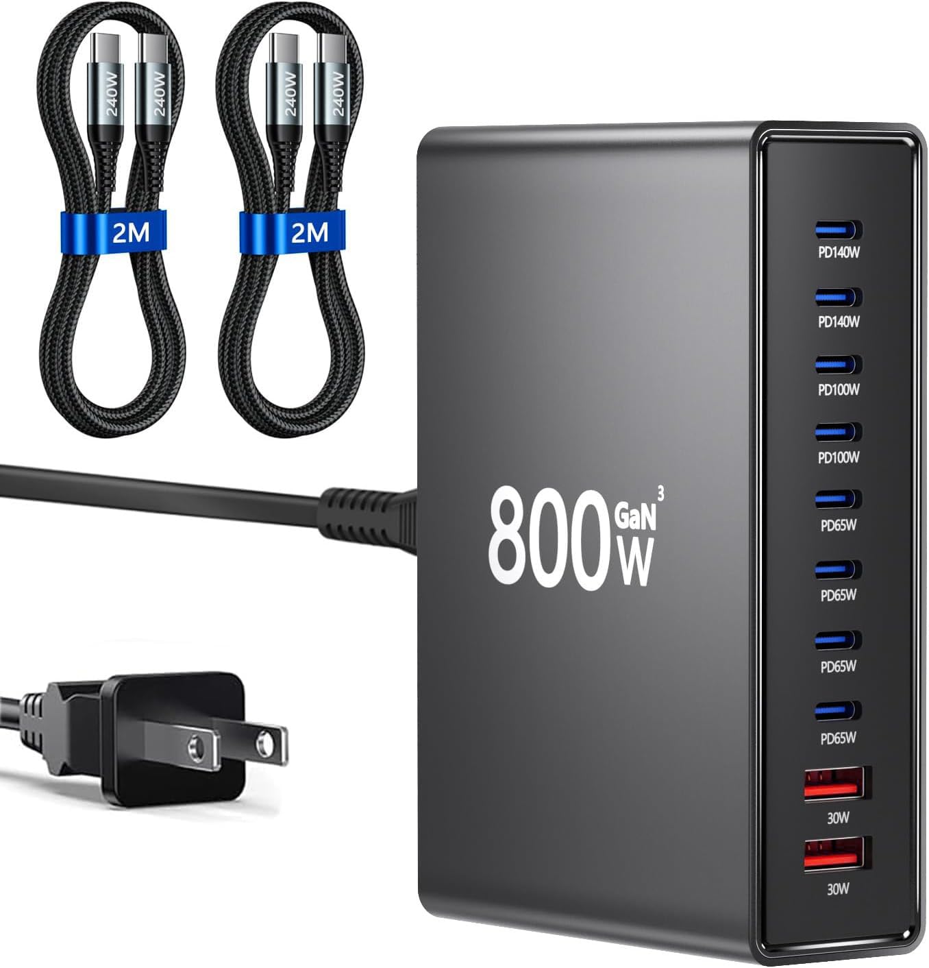 800W USB C Charger,GaN 10 Ports USB Charger with 2 x 2m 240W USBC to USBC Cables,Multiple Laptop Charging,PD Adapter Compatibl