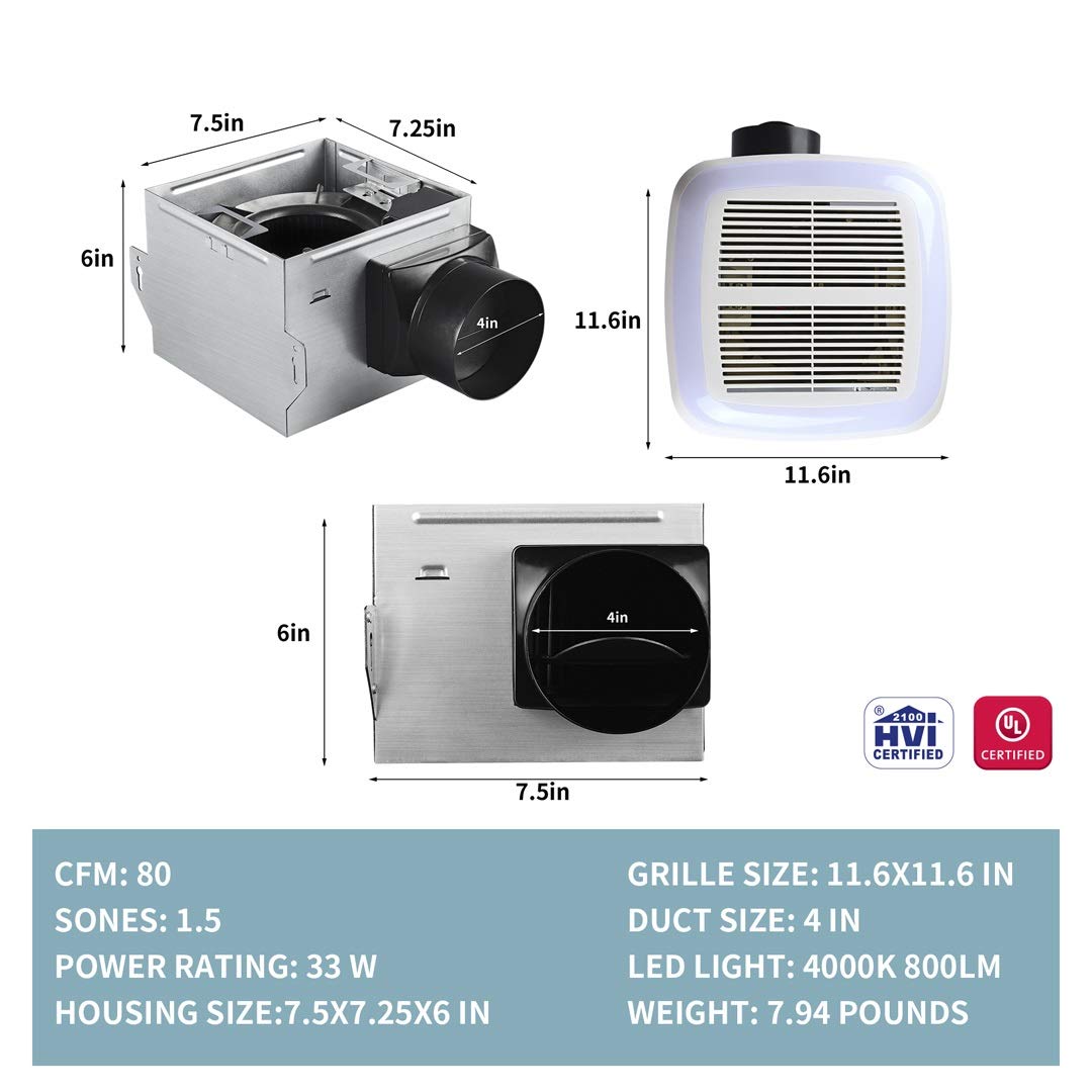 Tech Drive Very Quiet 80 Cfm, 1.5 Sone No Attic Access Needed Installation Bathroom Ventilation And Exhaust Fan With Led Light 4