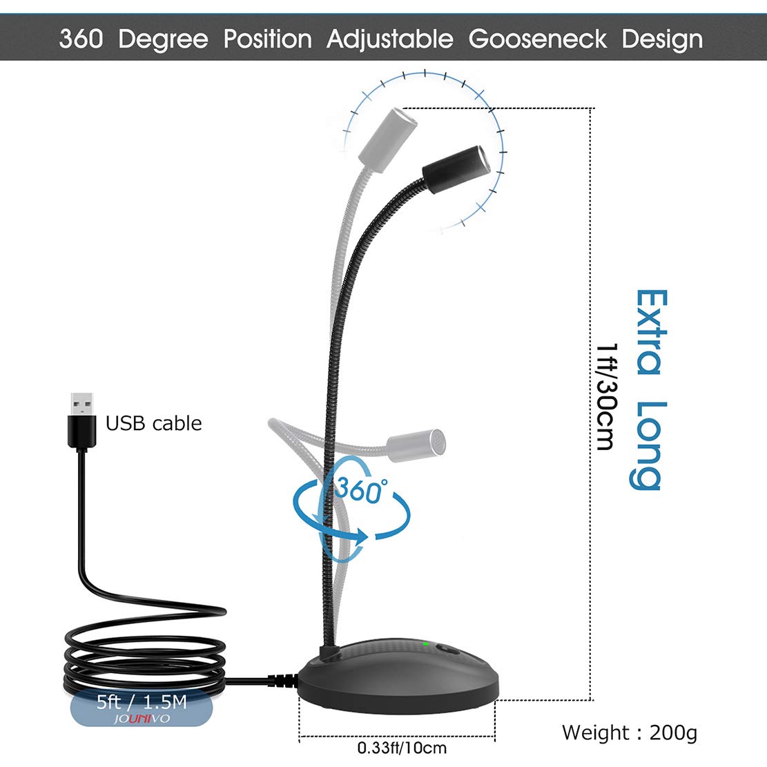 Jounivo Usb Microphone, 360 Degree Adjustable Gooseneck Design, Mute Button & Led Indicator, Noise Canceling Technology, Plug &