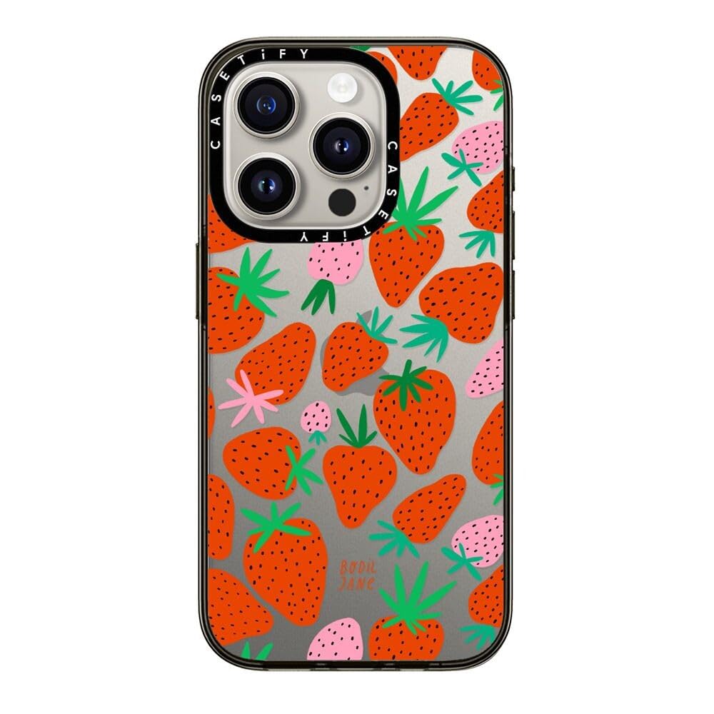 Casetify Compact Case For Iphone 15 Pro [2X Military Grade Drop Tested / 4Ft Drop Protection]   Strawberries   Clear Black