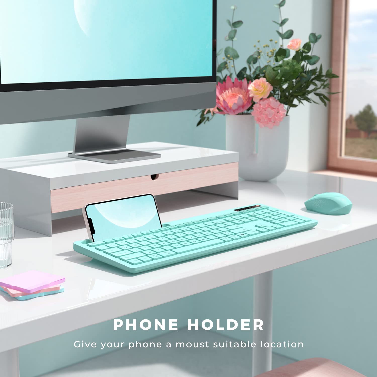 Vivefox Teal Wireless Keyboard With Phone Holder Usb A & Type C Receiver Mint Keyboard And Mouse Compatible For Windows, Mac, Ma
