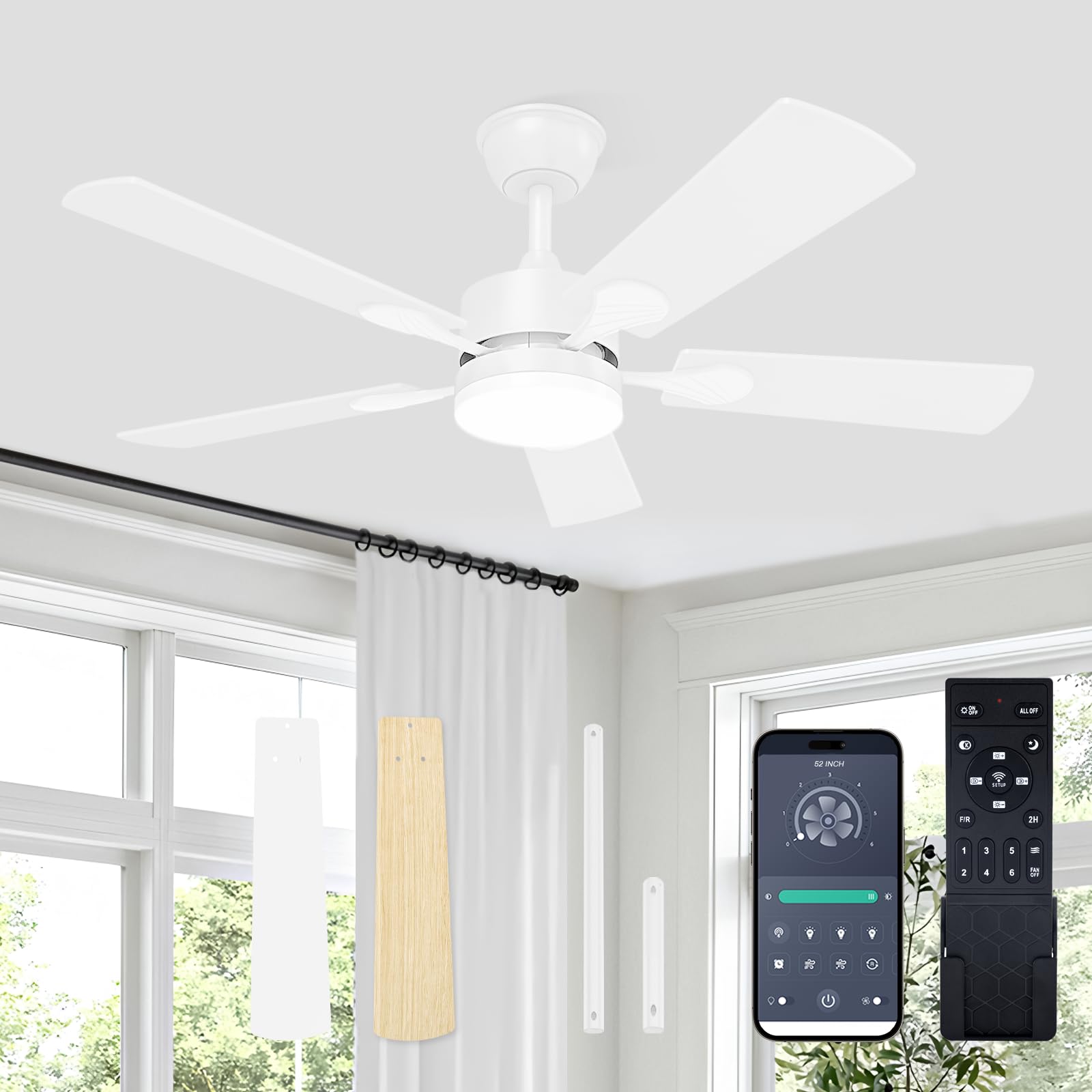 VOLISUN Ceiling Fan with Light, 42 inch Flush Mount Ceiling Fan with Lights and Remote, Dimmable LED Fan Light, Low Profile Ceil
