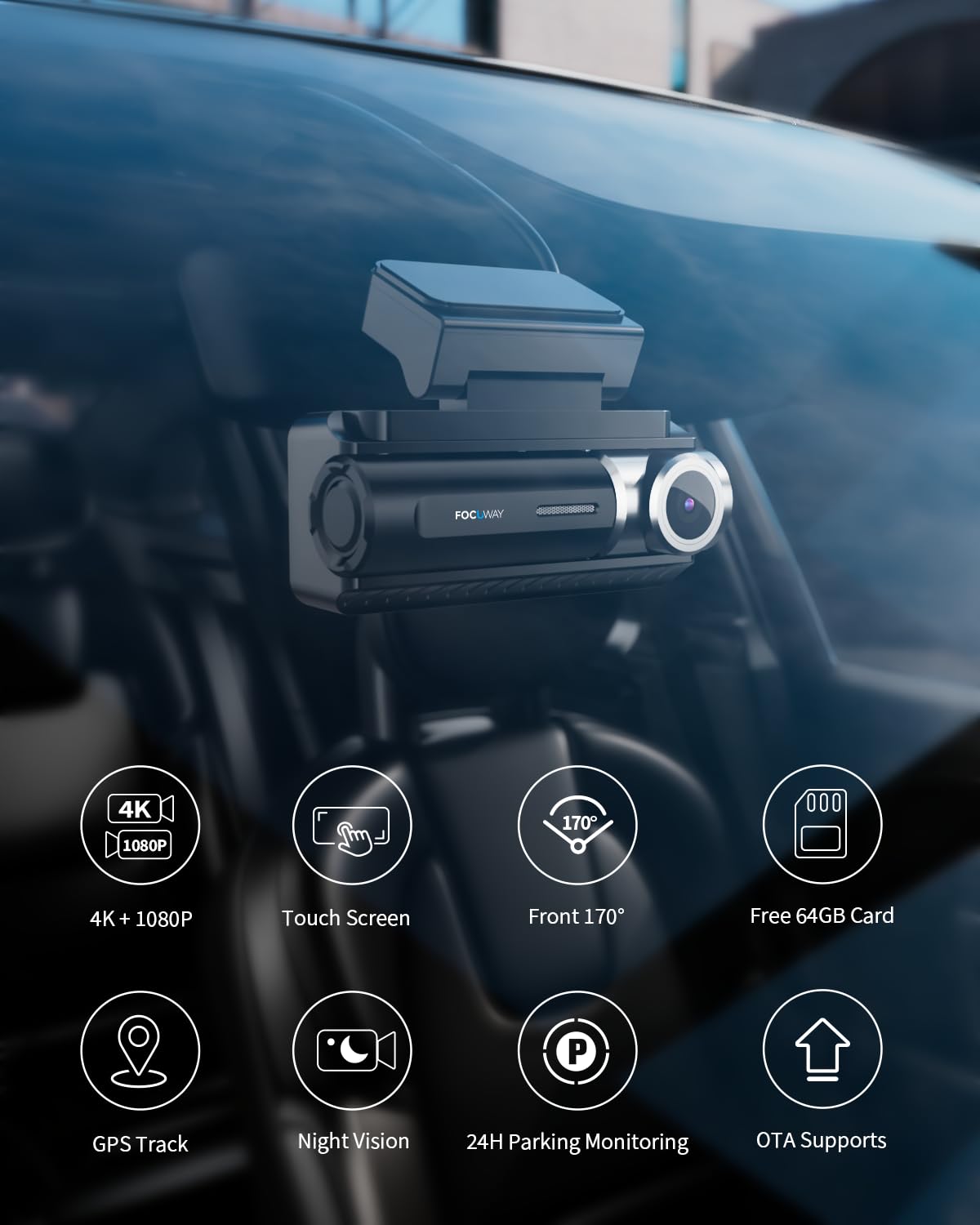 Focuway Dash Cam Front And Rear, Touch Screen, 4K 30Fps/2K 60Fps+1080P 30Fps Dash Camera For Car, Voice Control, Built In Gps Wi