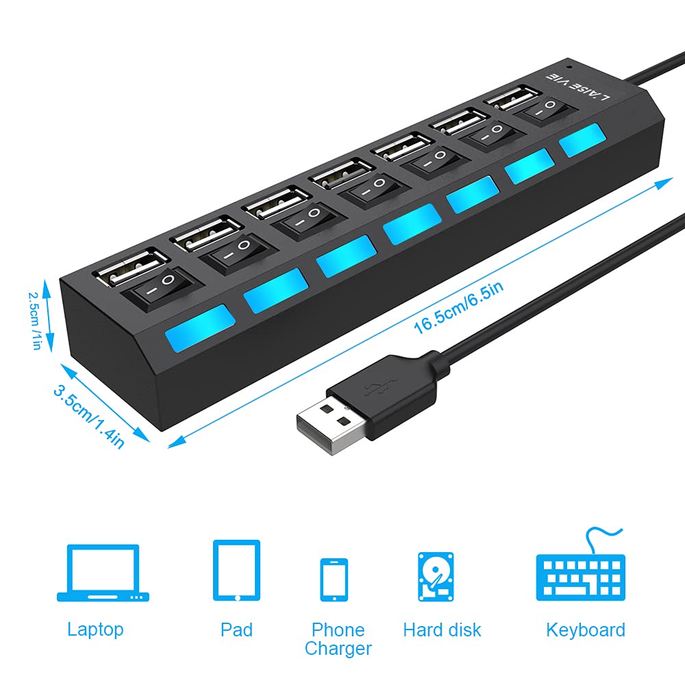 Multi Port Splitter, 7 Port Usb 2.0 Hub, Usb A Port Data Hub With Independent On/Off Switch And Led Indicators, Lights For Lapto