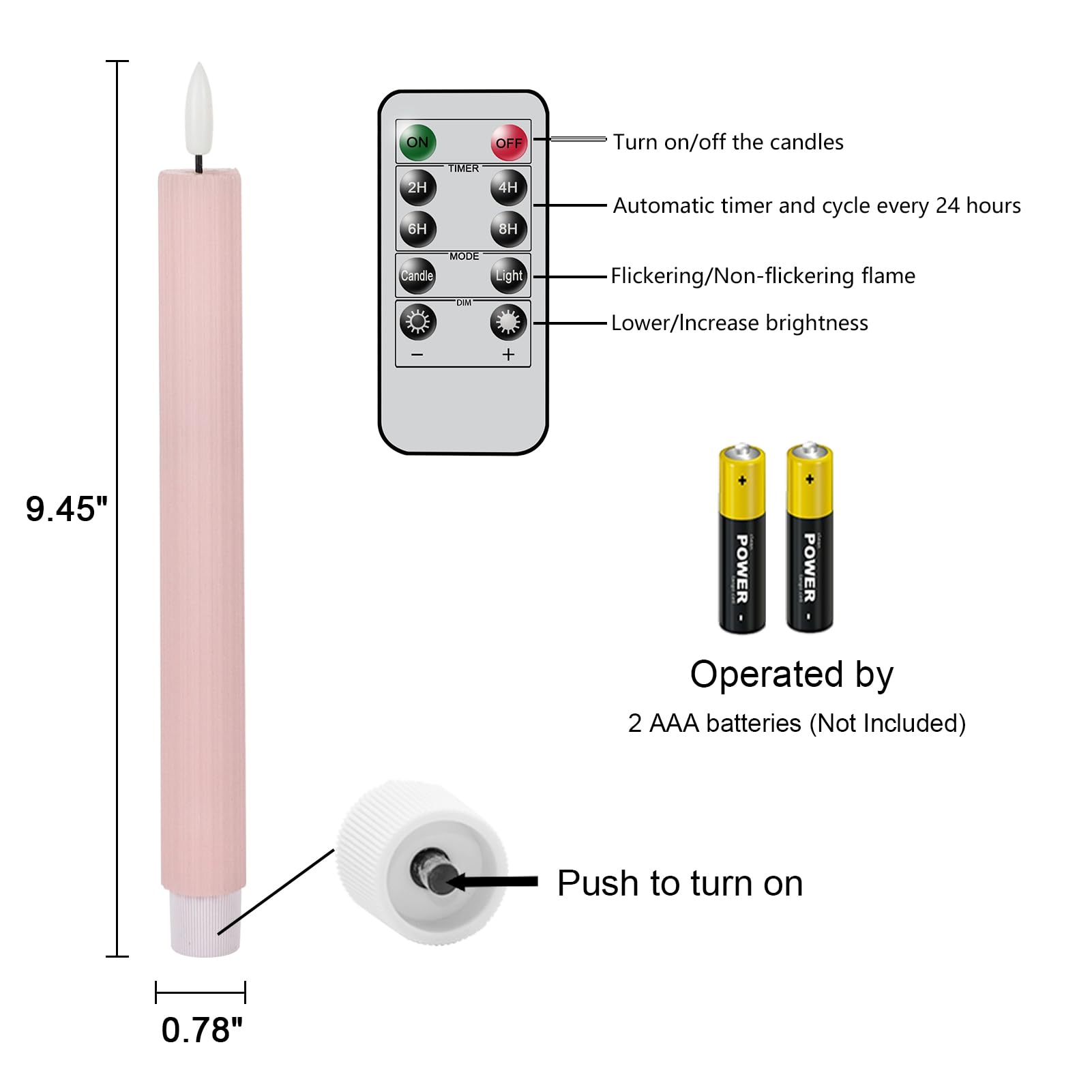 Wondise Pink Flameless Flickering Taper Candles With 10 Key Remote And Timer, Battery Operated 3D Wick Real Wax Led Taper Candle