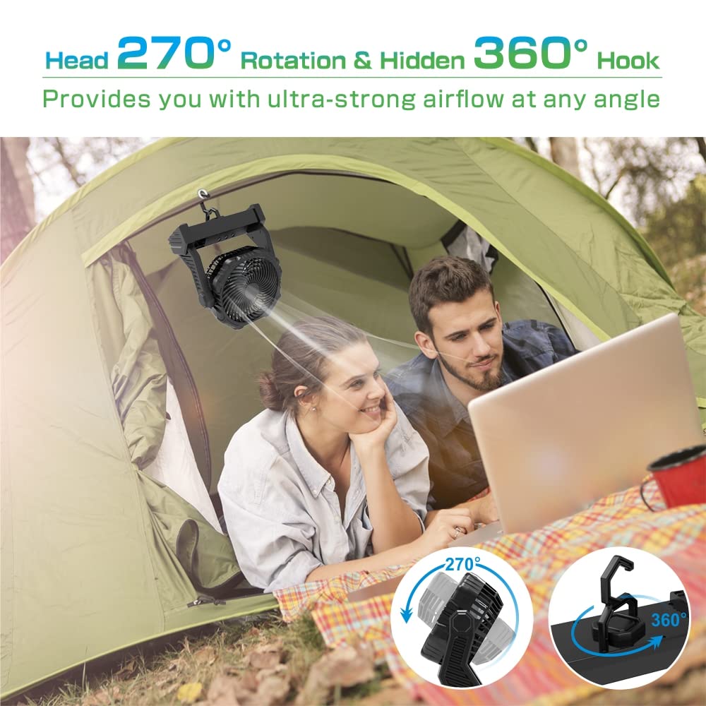 Portable Rechargeable Fan With Light, 10000Mah Battery Operated Tent Fan With Light & Hook, 270 Pivot, 3 Speeds, Personal Usb Ta