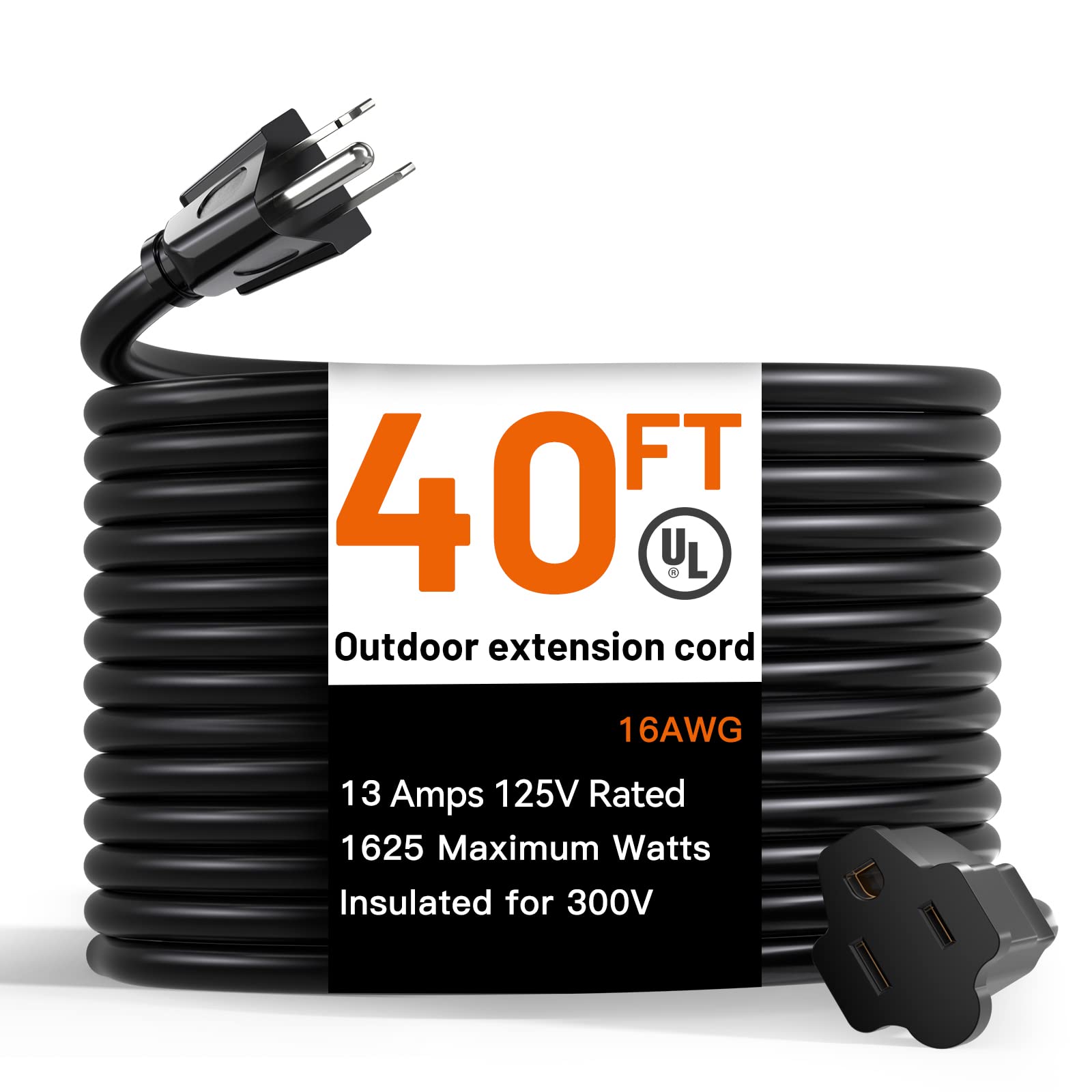 40 Feet Outdoor Extension Cord Waterproof, Black Extreme All Weather 16 Gauge Extensions Cord With Covers, Flexible 100% Copper
