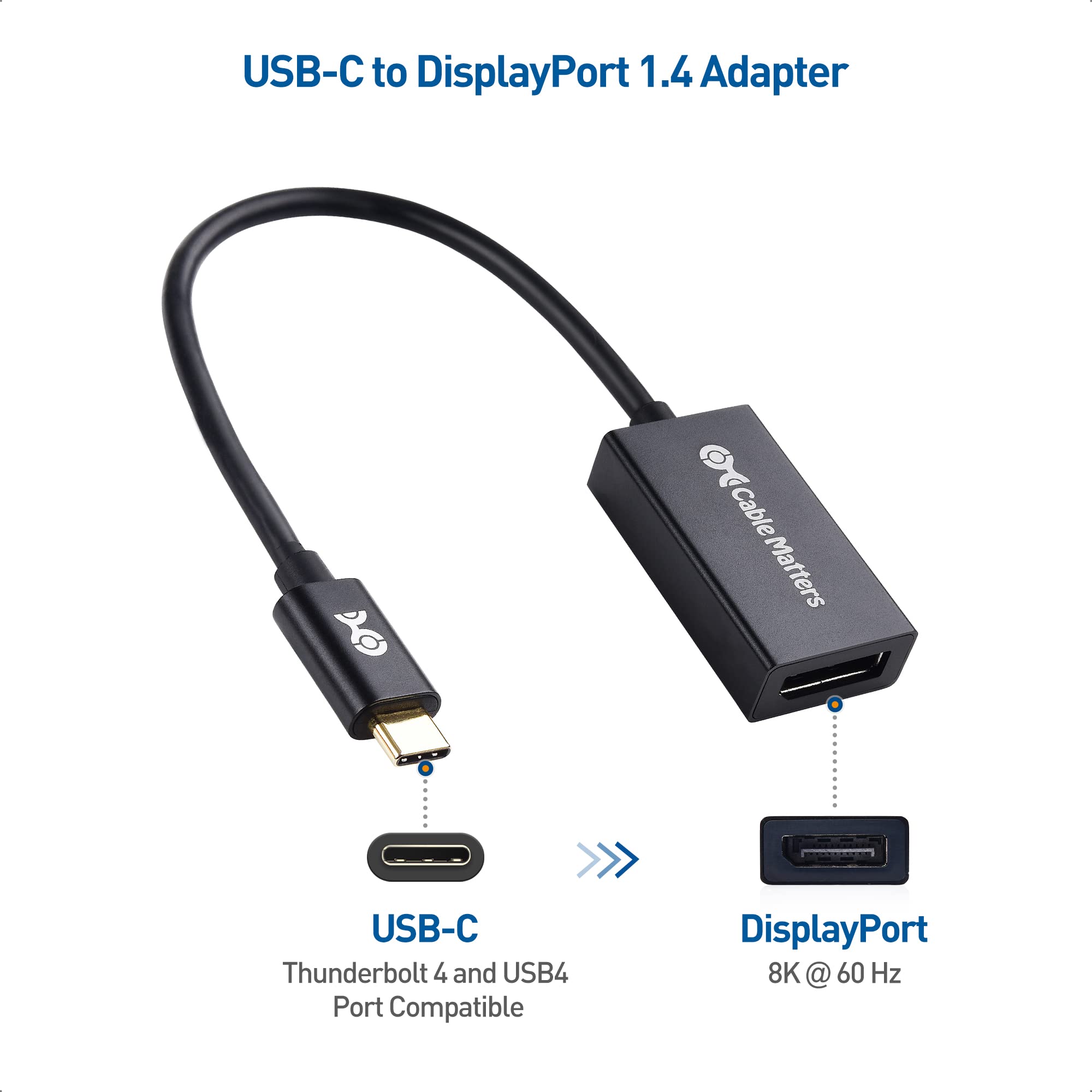 Cable Matters 32.4Gbps USB C to DisplayPort 1.4 Adapter, 4K@240hz, 8K@60hz, and HDR Support  Thunderbolt 4 / USB4 Compatible with Oculus Rift S, iPad Pro, iPhone 16/15 Pro, MacBook Pro, XPS, Surface