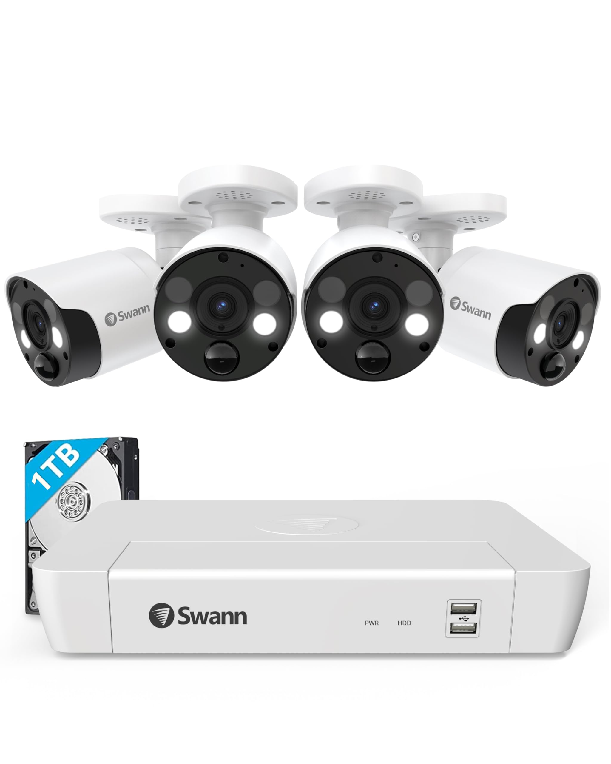 Swann Pro 4K Ultra HD Security Camera System, 8 Channel 4pcs PoE IP Cameras, Cat5e Wired NVR System with 1TB HDD, Color Night Vi