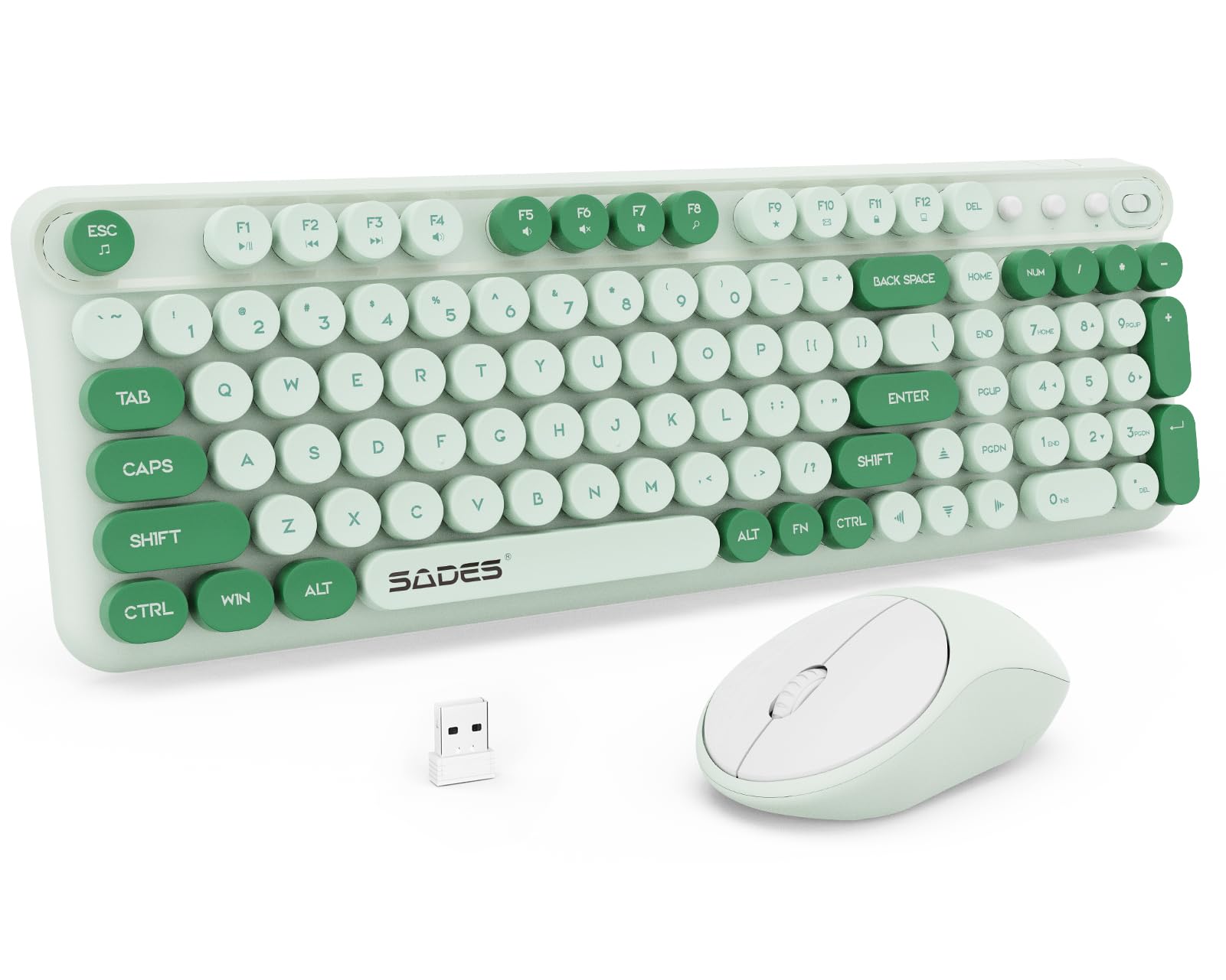Green Wireless Keyboard And Mouse,Cute Retro Typewriter Computer Keyboard And Mouse Sets,Full Size 2.4G Cordless Colorful Round 