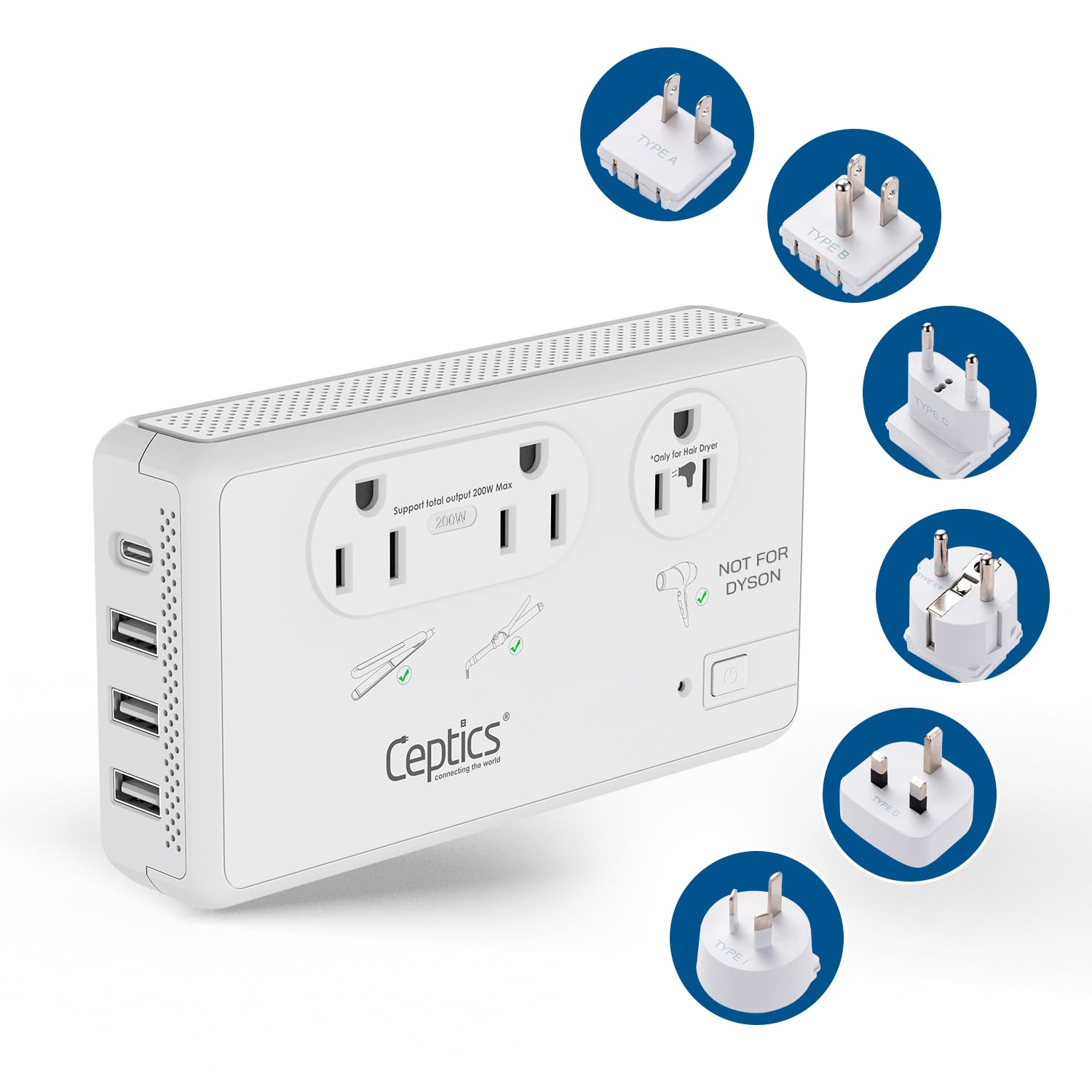 Ceptics 2000W Travel Voltage Converter For Hair Dryer & 200W Convert 220V To 110V For Curling Iron, Straightener, Chargers, Step