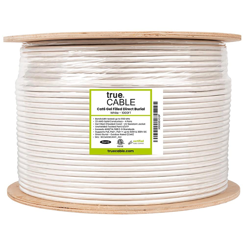 Truecable Cat6 Direct Burial, Gel Filled, 1000Ft, White, Waterproof, Cmx, 23Awg Solid Bare Copper, 550Mhz, Poe++ (4Ppoe), Etl Listed, Unshielded Utp, Bulk Ethernet Cable