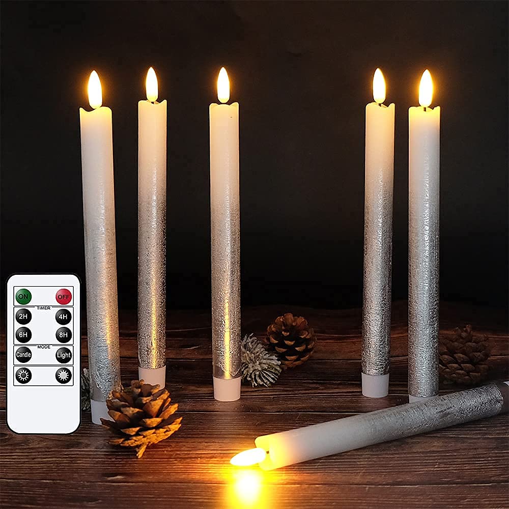 Wondise Flickering Flameless Taper Candles With Remote And Timer, 9 Inch Battery Operated Silver Real Wax 3D Flame Window Candle