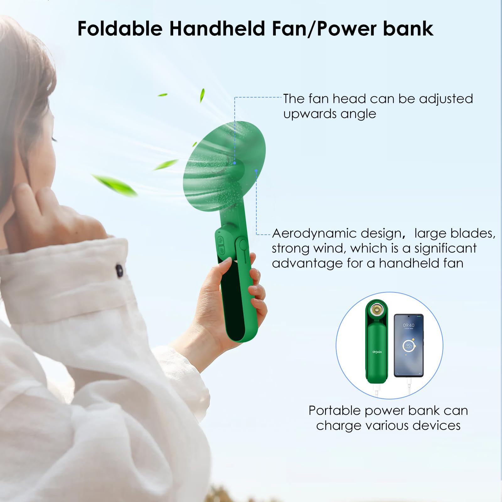 Nonlock Portable Handheld Fan,4 In 1 Personal Foldable Pocket Fan With Power Bank, Small Hand Fan With Flashlight,Mini Desk Fan