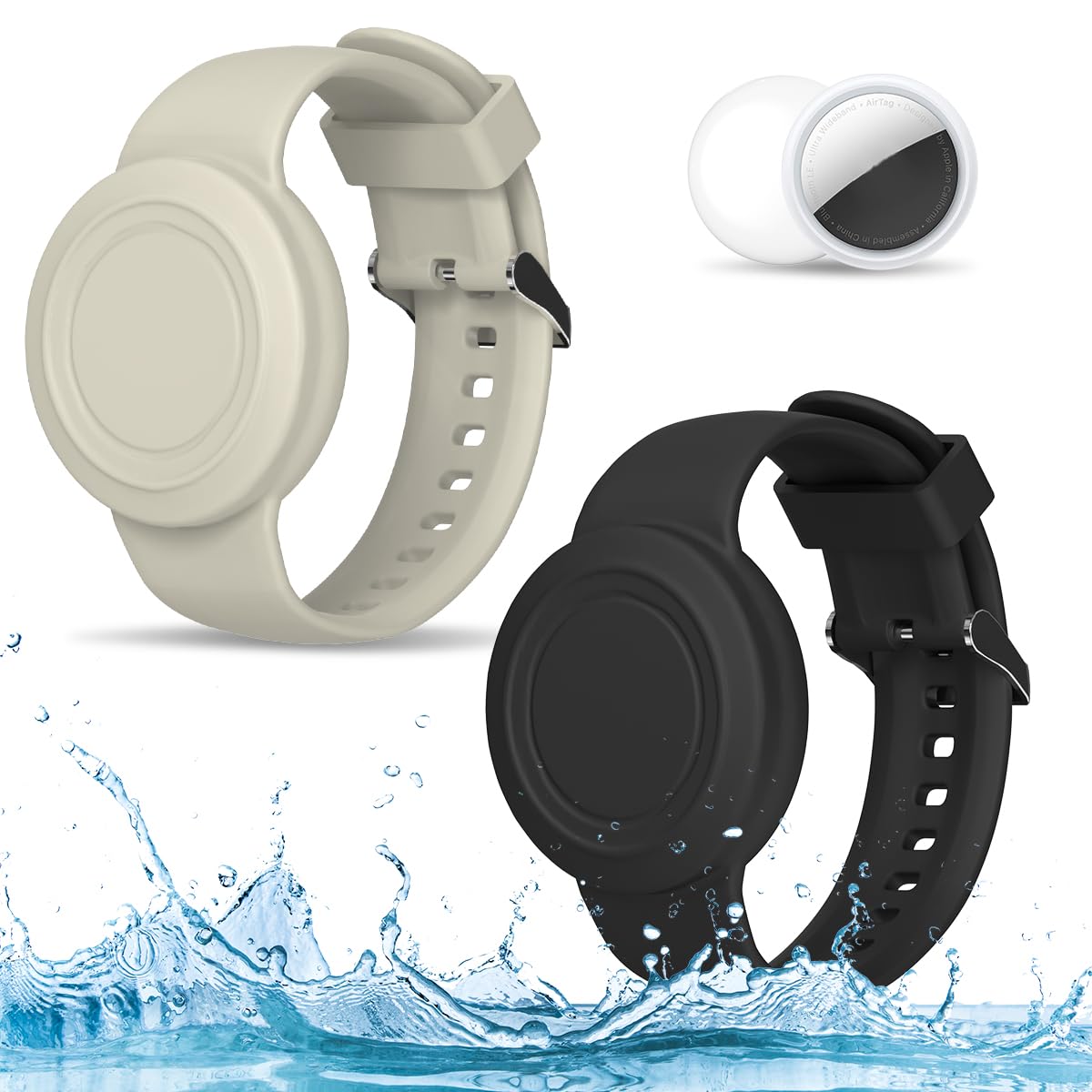 2 Pack Compatible For Airtag Bracelet Kids, Waterproof Air Tag Holder Hidden Full Coverage Design Air Tag Accessories, Soft Silicone Air Tag Case For Toddlers Childs Adults (Black & Off White)