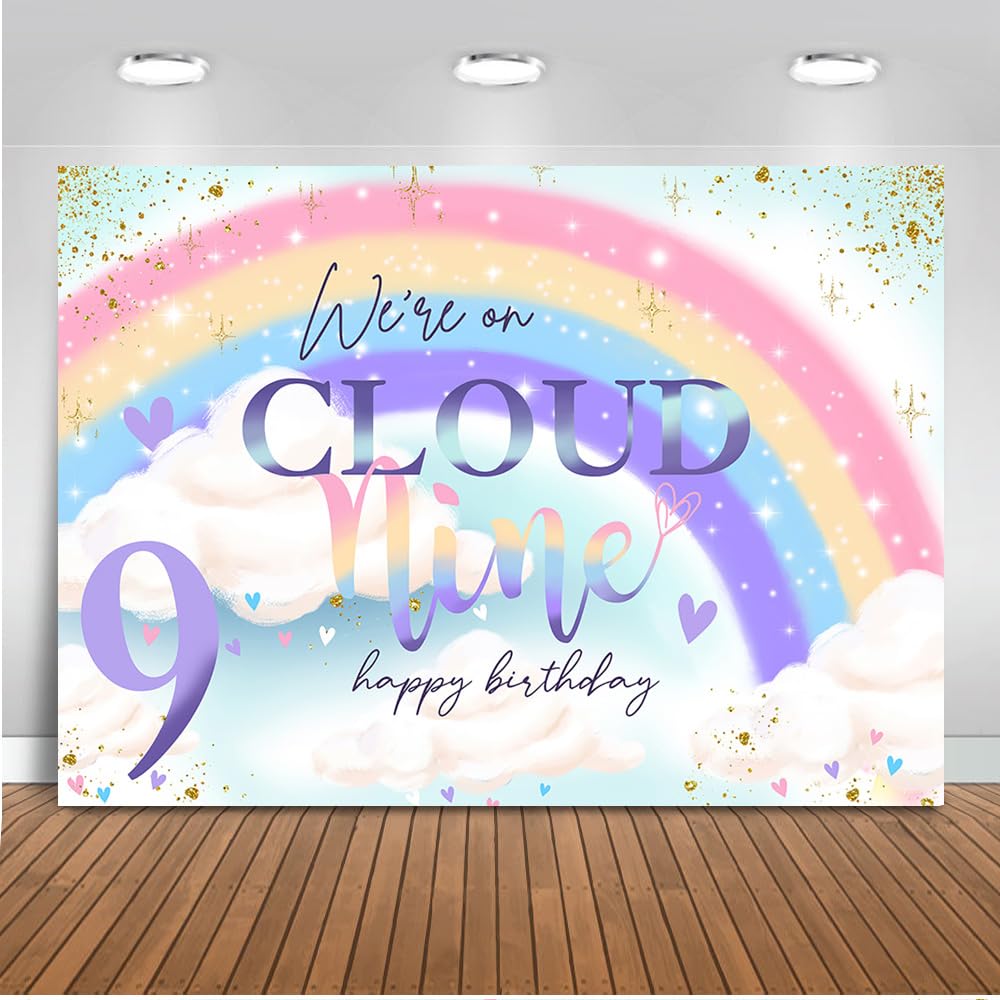 Mocsicka On Cloud 9 Birthday Backdrop On Cloud 9 Birthday Decoration For Girls Cute Rainbow Cloud 9Th Girl Birthday Background P