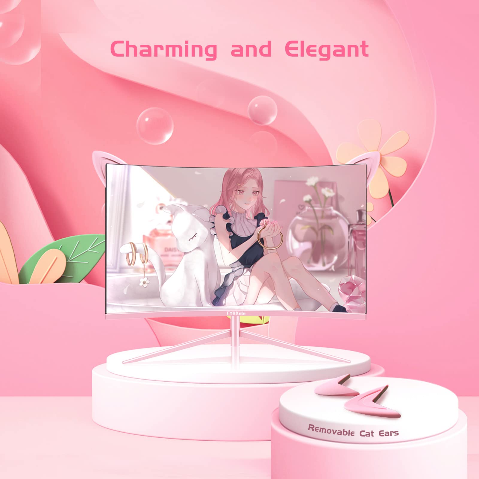 Fyhxele Fy27Qhp Pink Monitor 27 Inch Curved Gaming 165Hz   Support 144Hz 1800R 1Ms Qhd 2560 X 1440P Va Screen, Built In Speakers